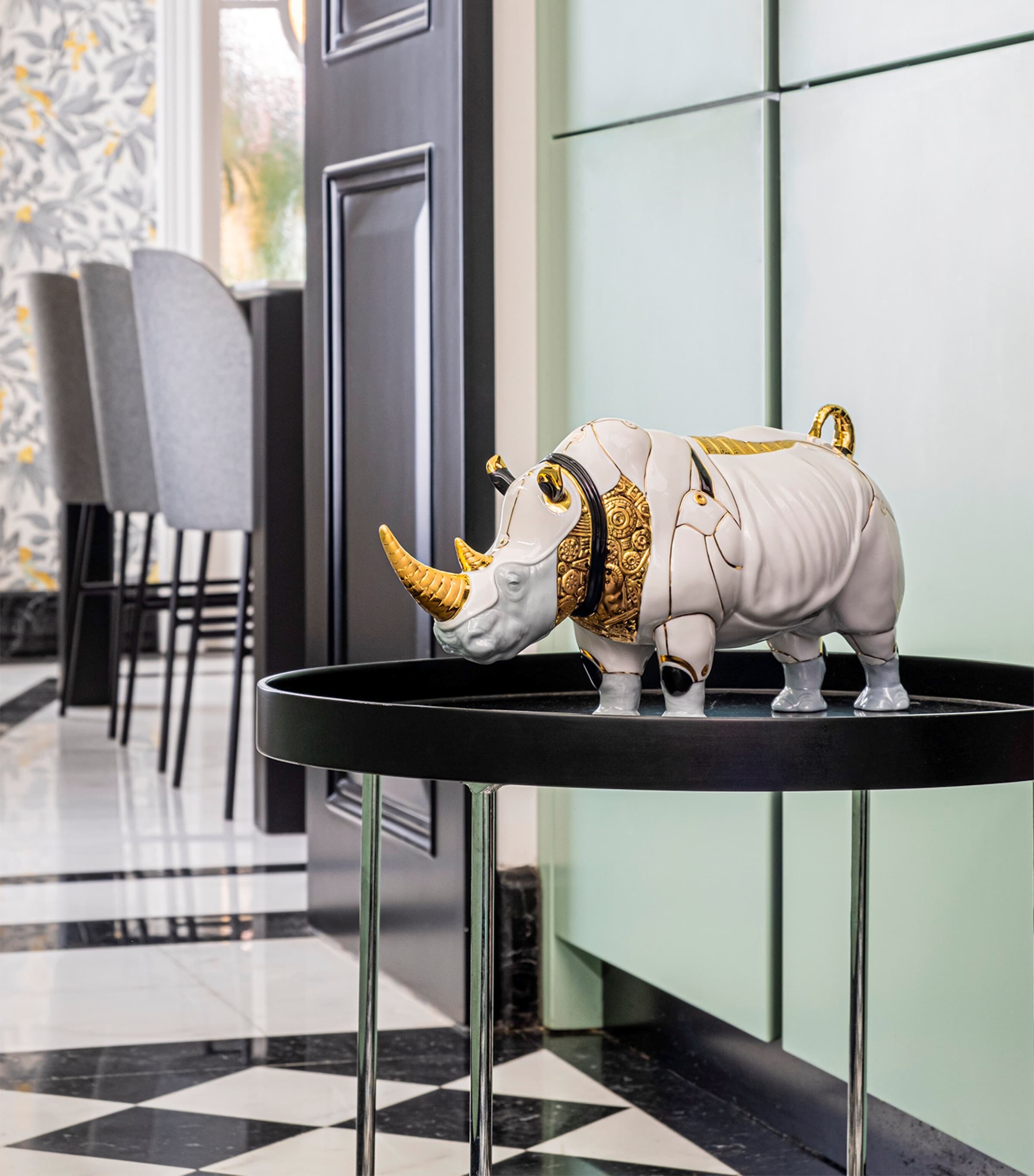 Lladró Cyborg Rhino Sculpture White, Grey & Gold Image 2