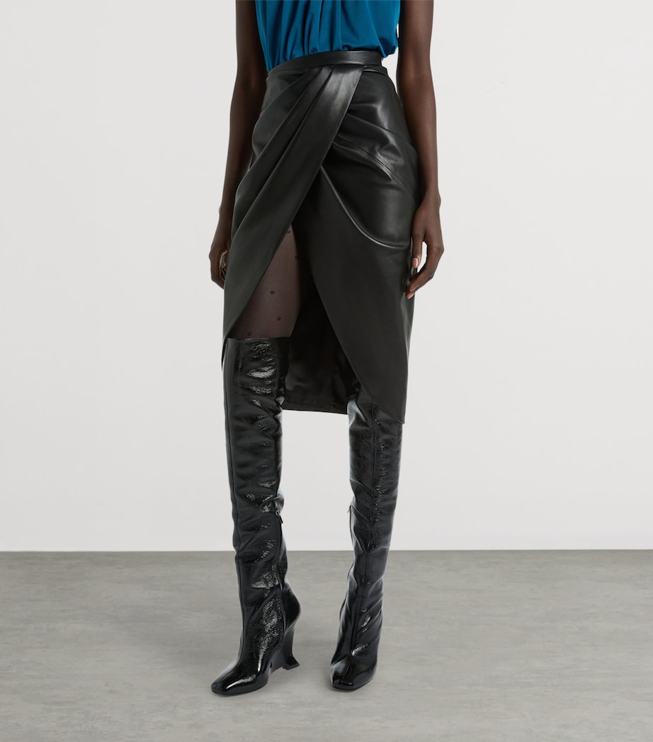 Balmain Womens Lambskin Draped Midi Skirt Noir Image 4