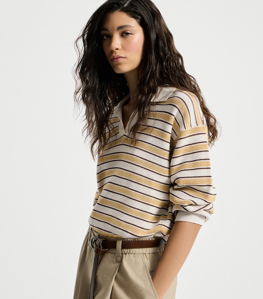 Brunello Cucinelli Womens Cotton-Blend Stripe Polo Sweater Image 4