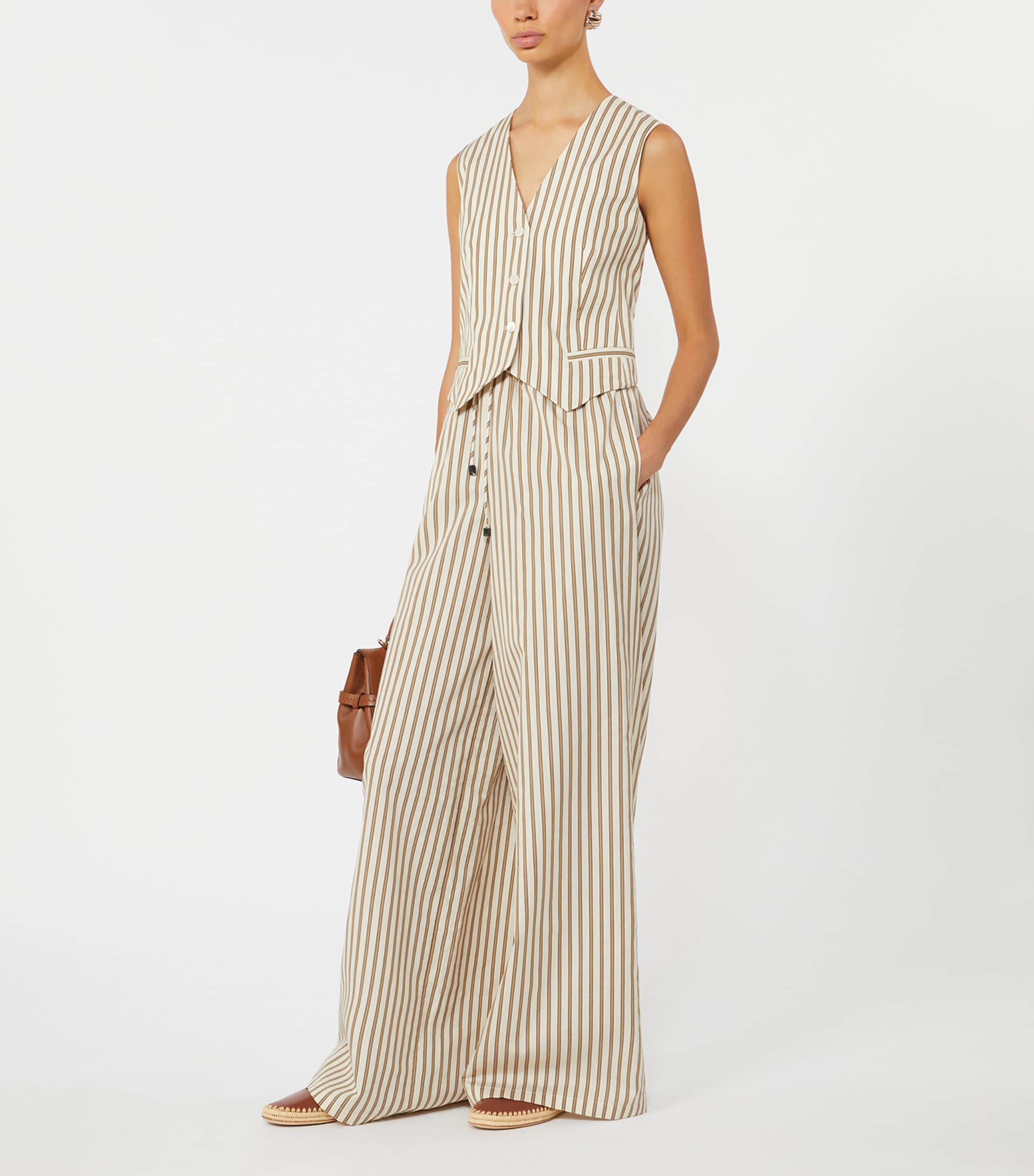Max Mara Womens Cotton-Silk Stripe Drawstring Trousers Beige Image 2