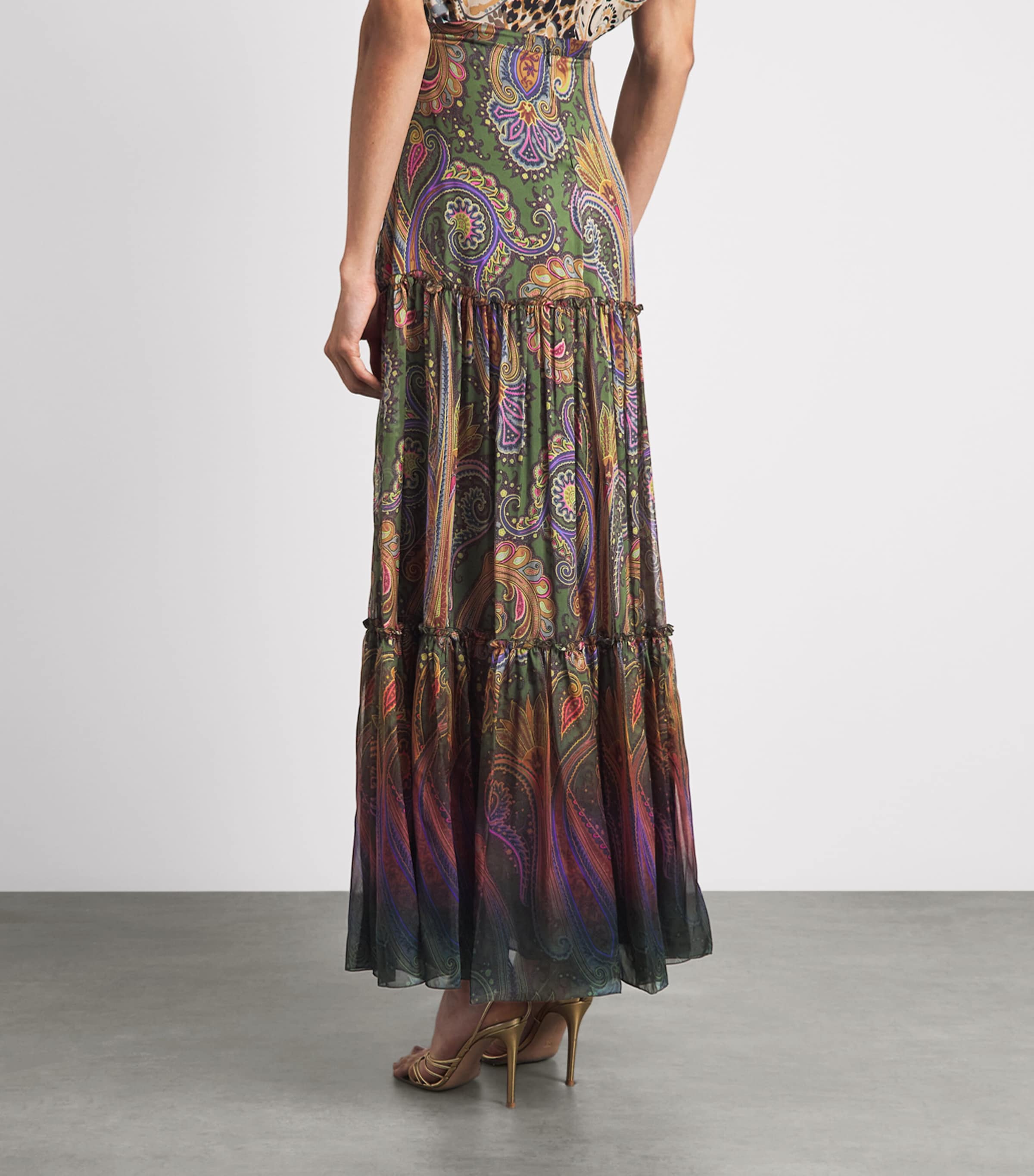 Etro Womens Silk Paisley Tiered Maxi Skirt Green Image 5