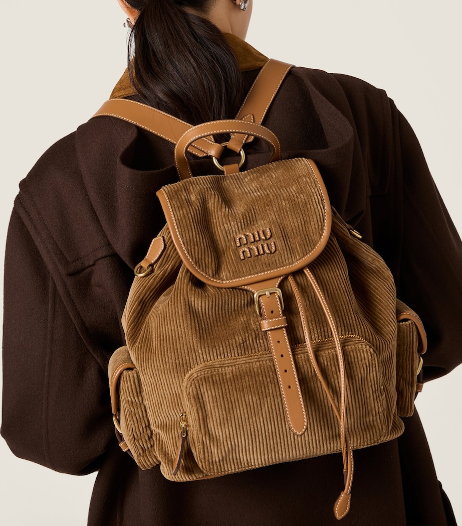 Large Corduroy Leather-Trim Backpack F0401 Image 2