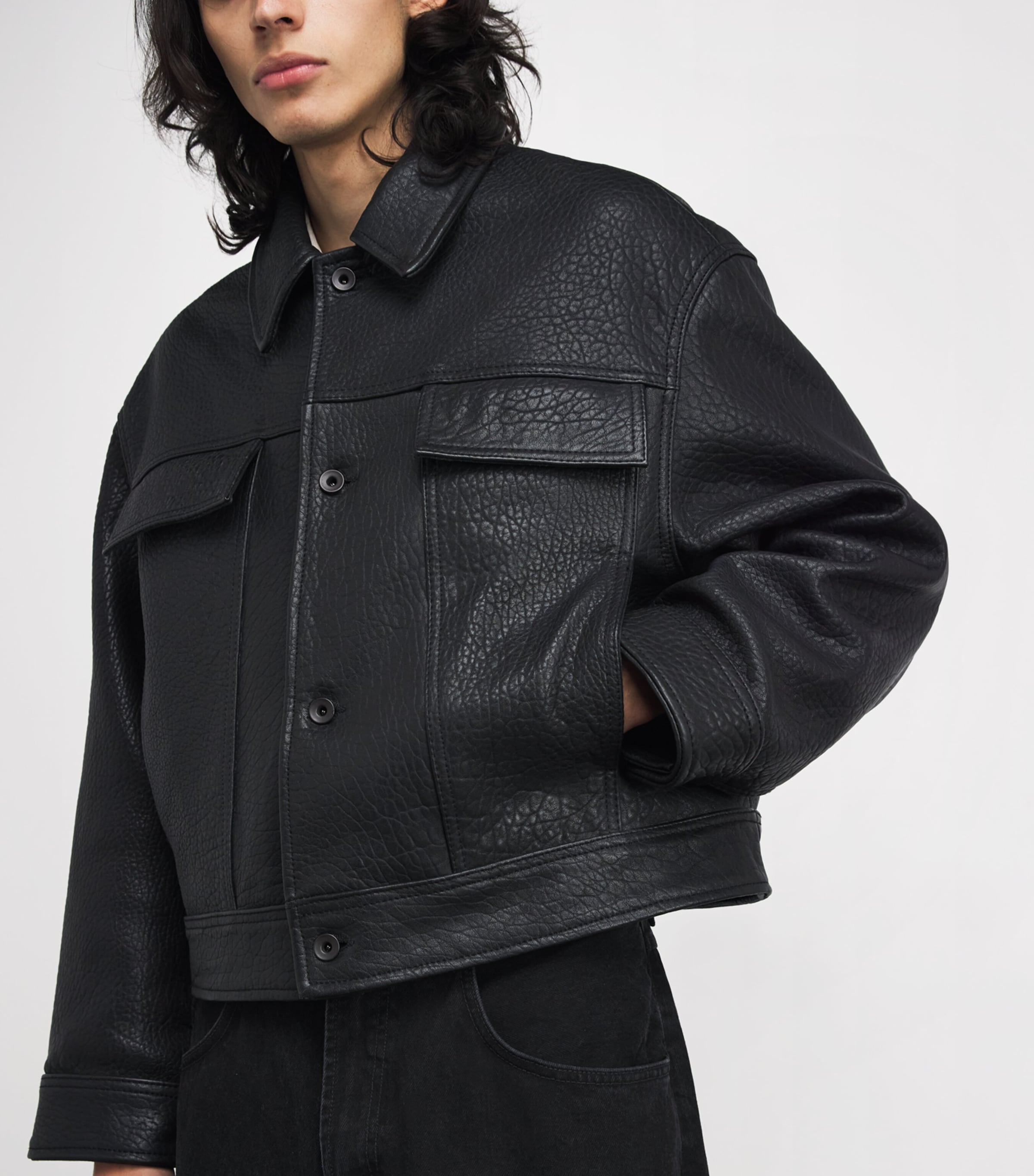 Leather Oversized Doyard Jacket BLACK Image 6
