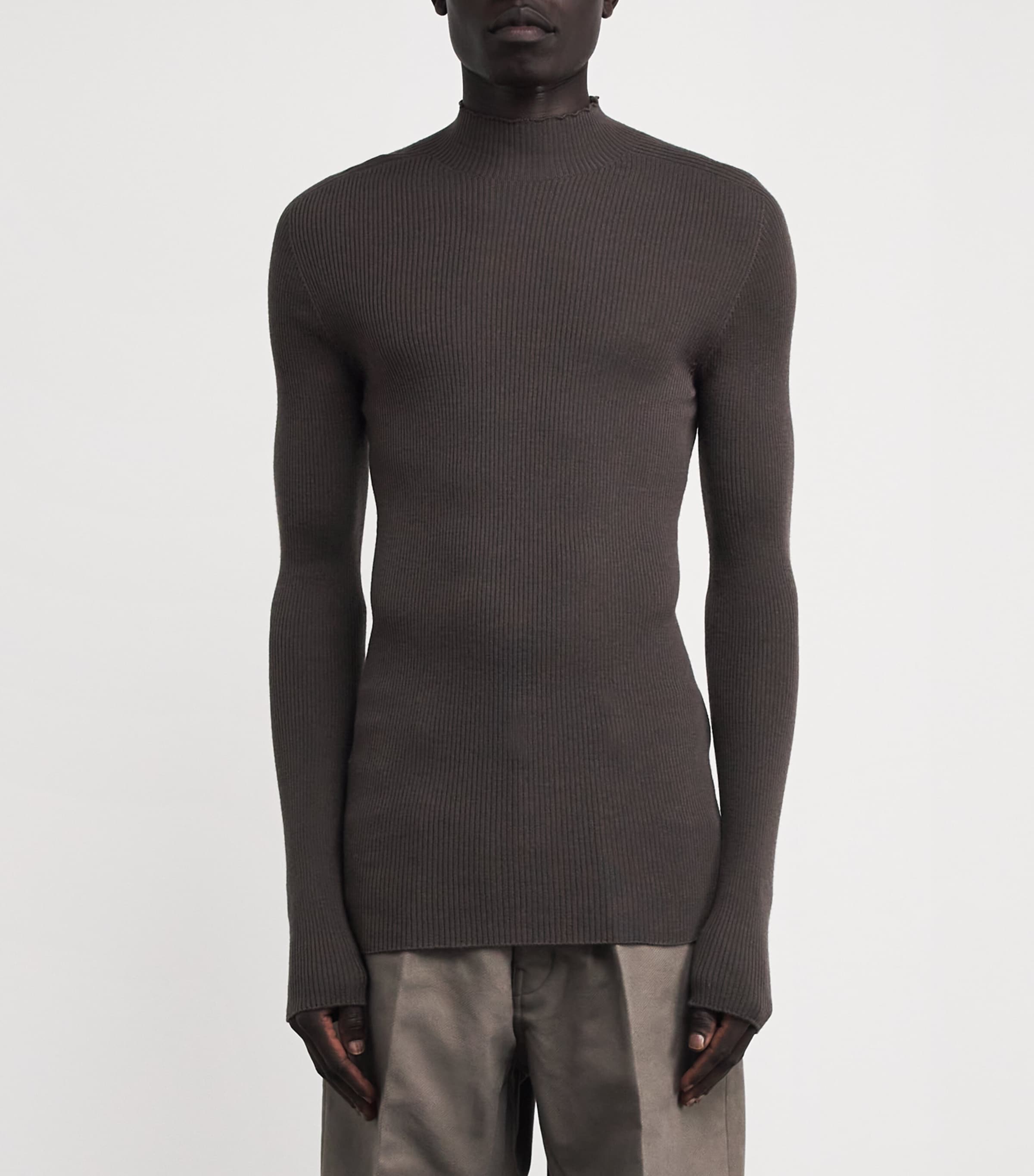 Rick Owens Mens Virgin Wool Ribbed Lupetto Sweater Darkdust Image 3