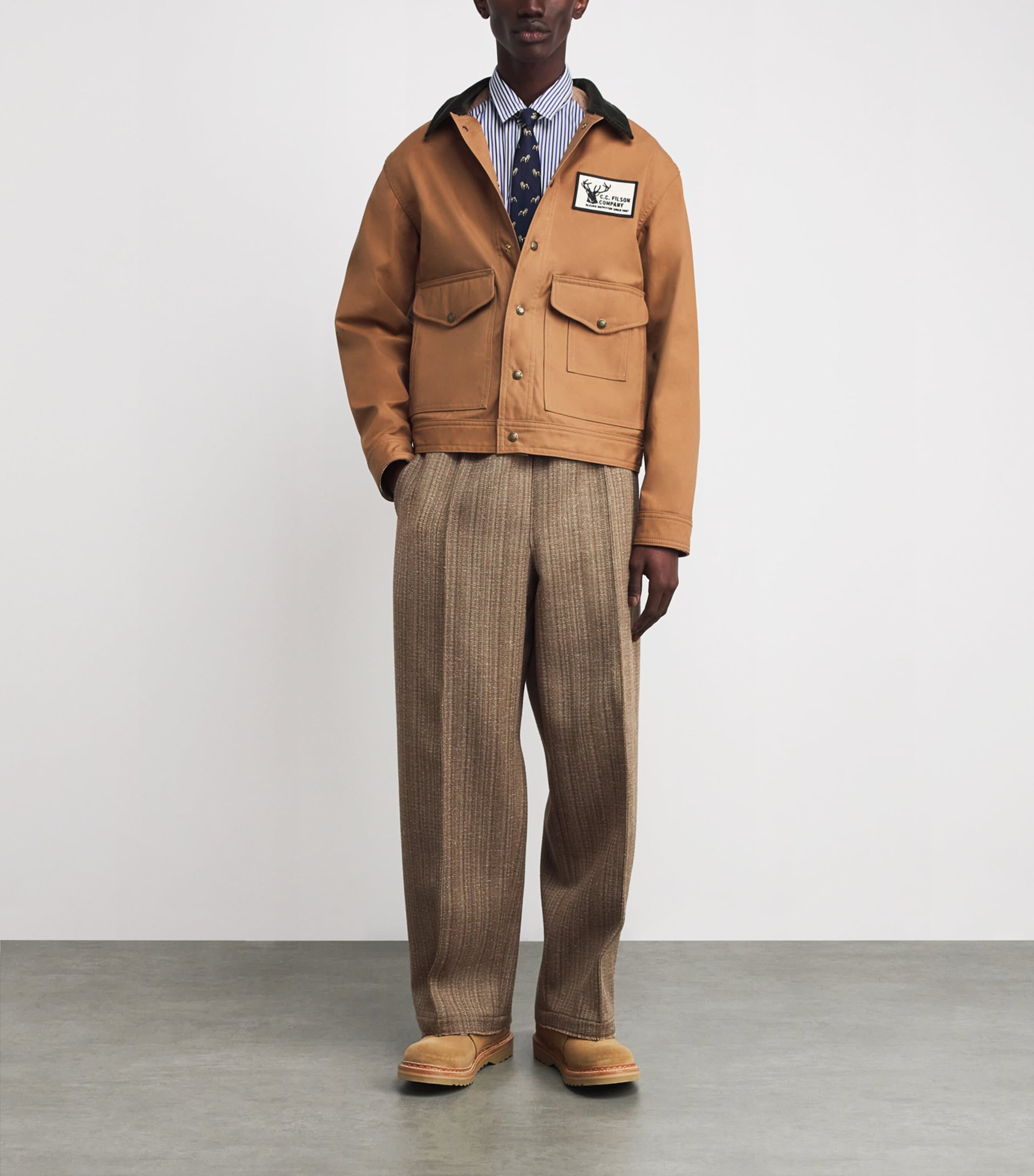 Cotton Stripe-Check Shirt WH/NV/BLU X BEIGE Image 2