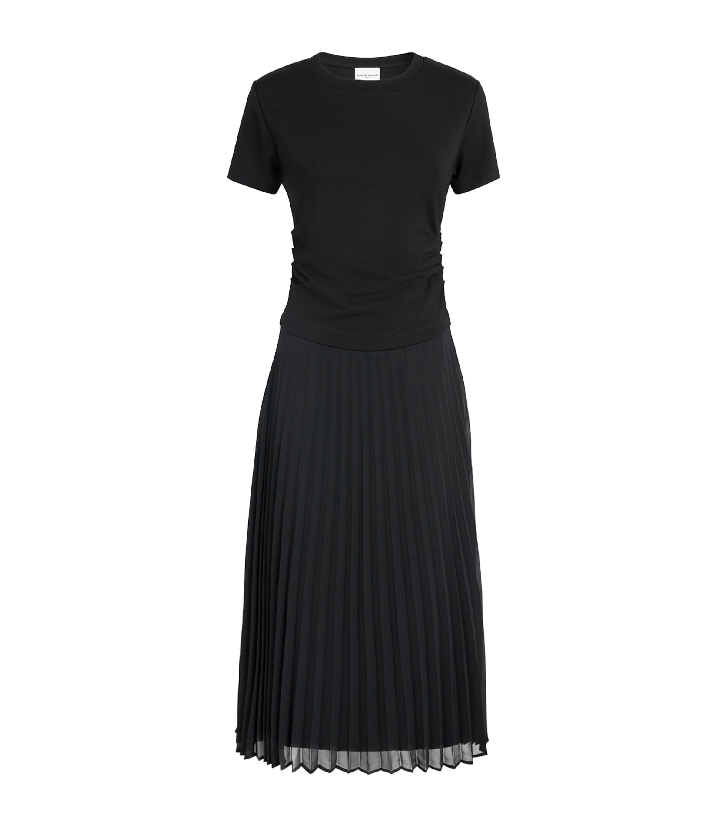 Claudie Pierlot Womens Hybrid Pleated T-Shirt Midi Dress Black Image 1