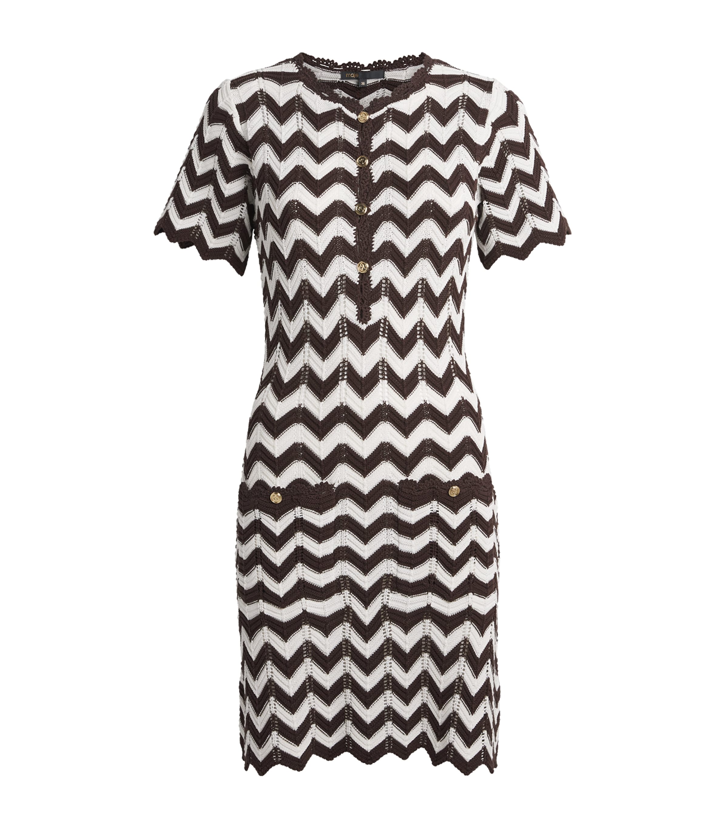 Maje Womens Cotton Knitted Zigzag Mini Dress Brown/white Image 1