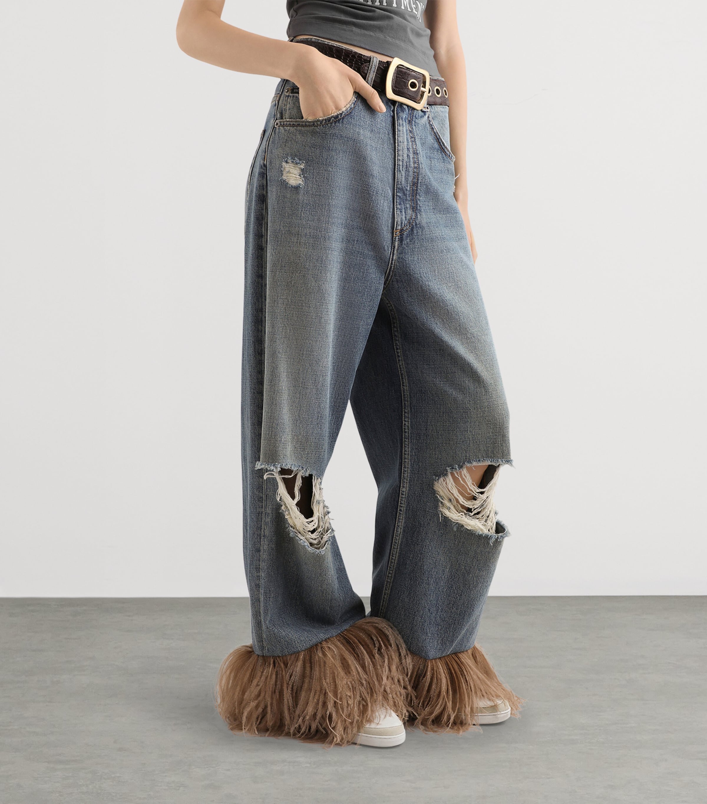 Dolce&Gabbana Womens Ripped Fringe Wide-Leg Jeans Comb Image 3