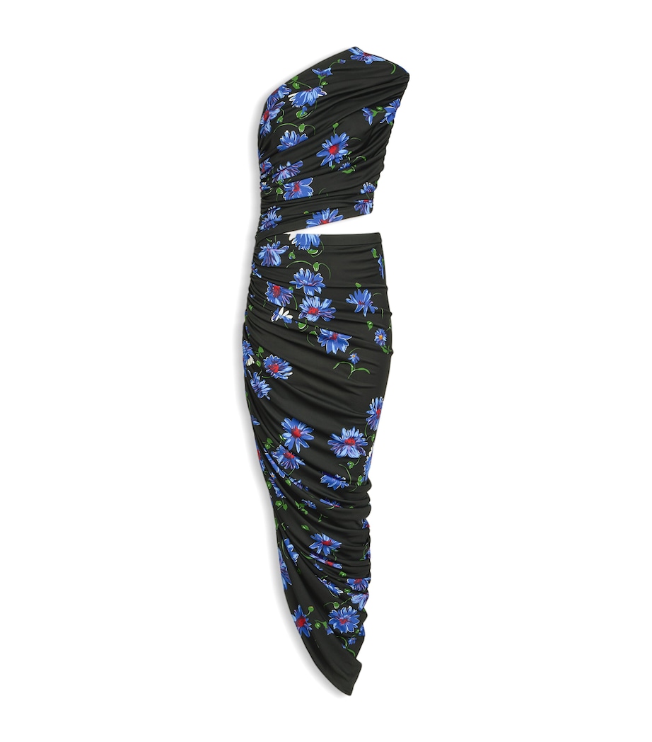 Alaïa Womens Floral Ruched Asymmetric Midi Dress Black/blue Image 1