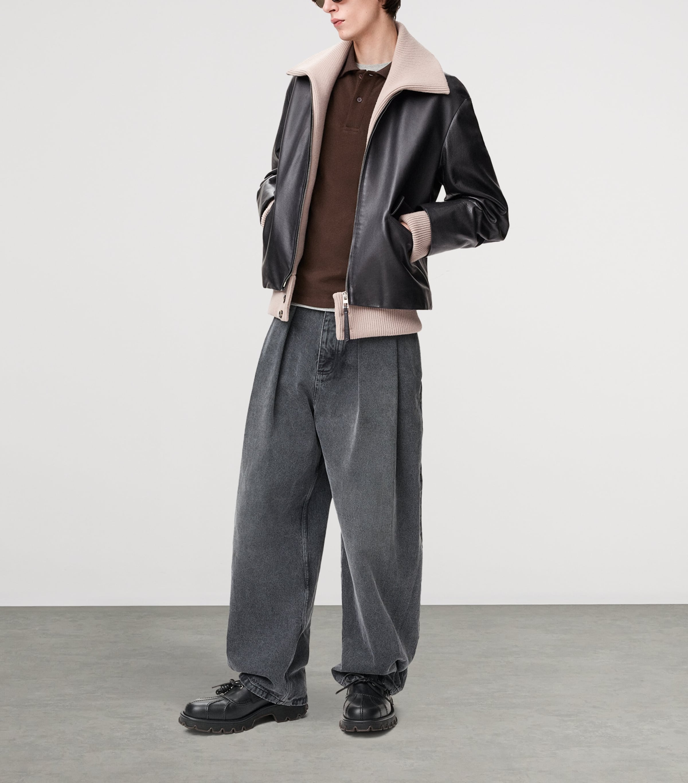 Rib-Trim Leather Jacket BLACK Image 2