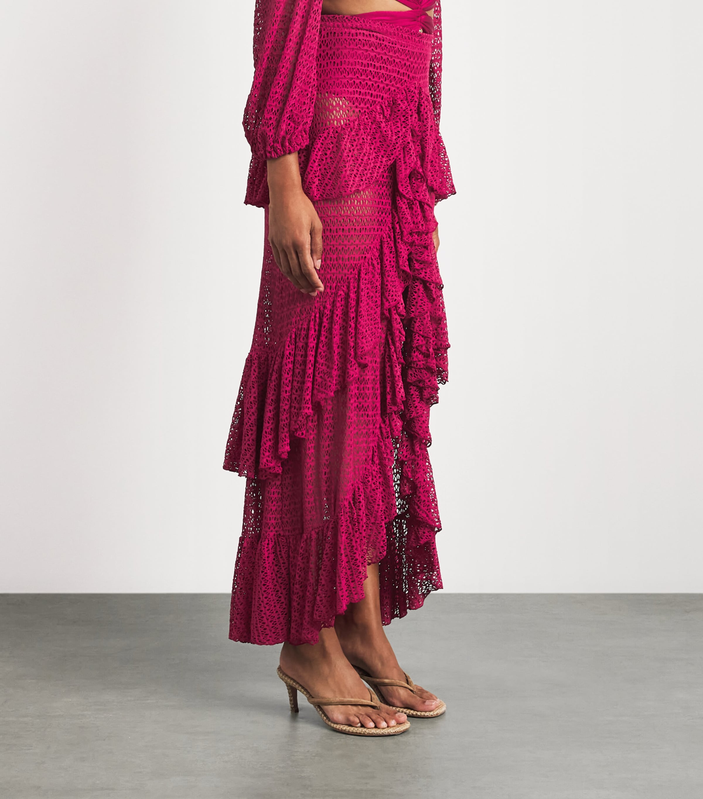 PatBO Womens Crochet Ruffle Maxi Skirt Magenta Image 4