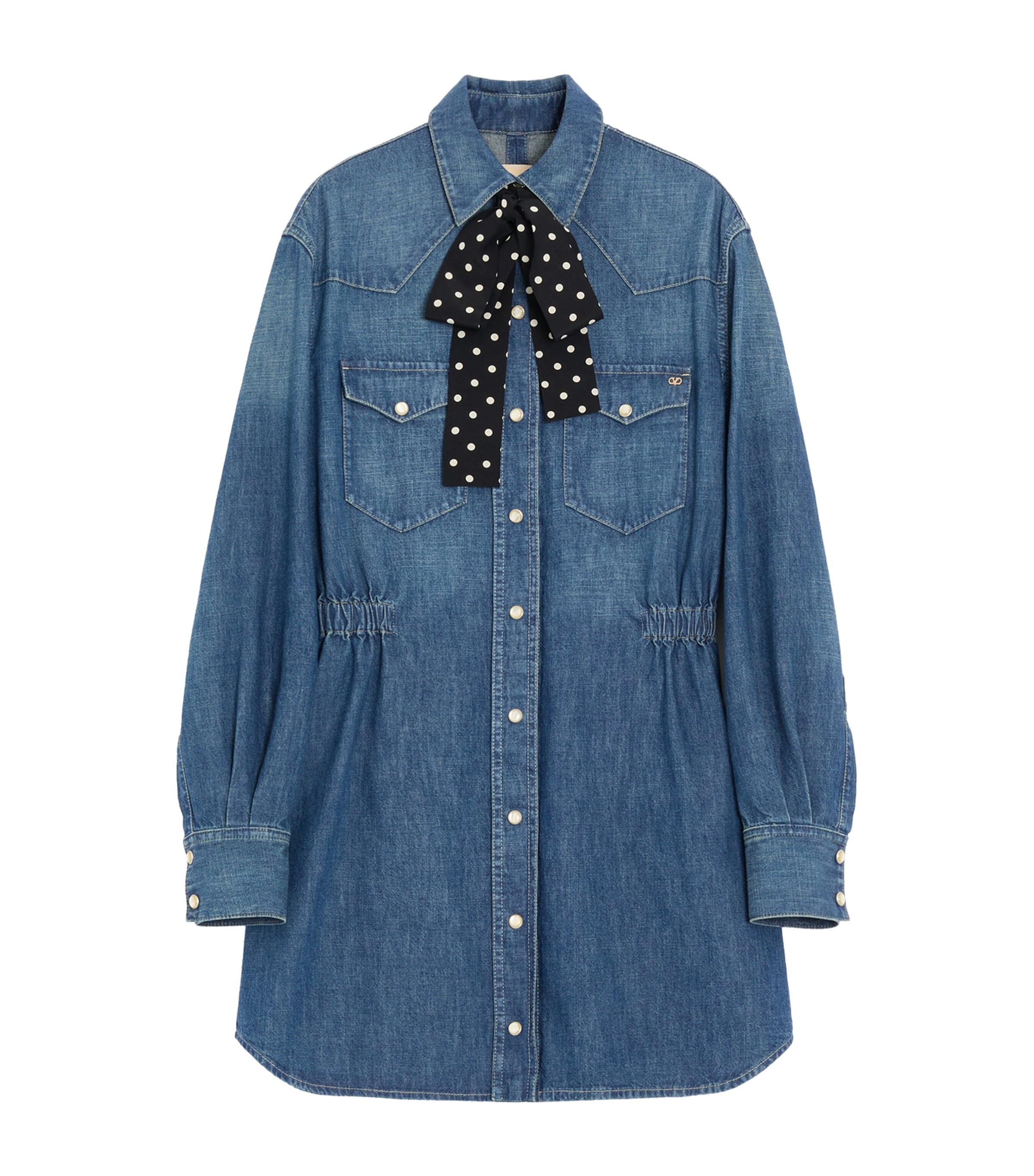 Valentino Womens Denim Polka-Dot Bow Shirt Dress Image 1