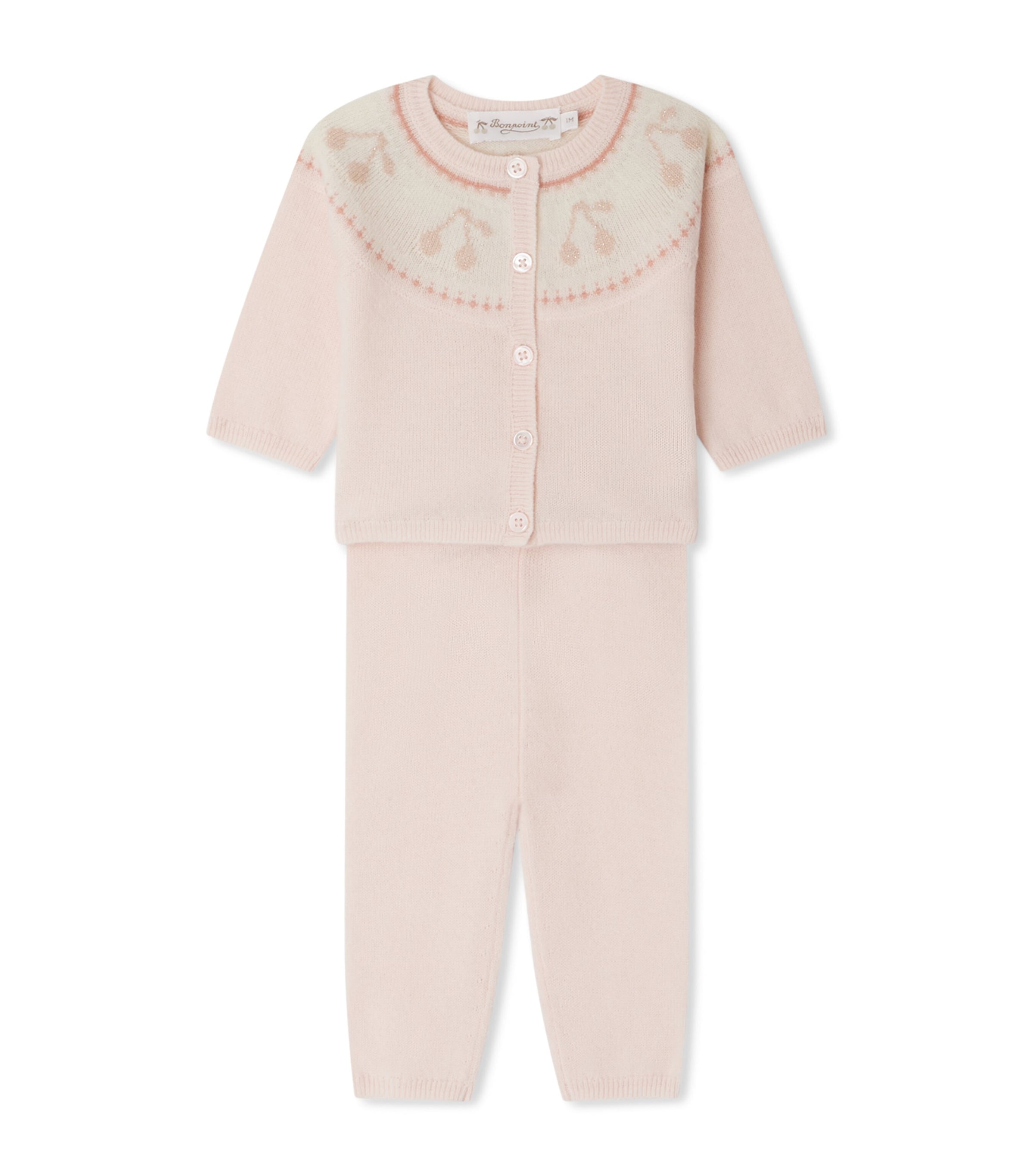 Bonpoint Kids' Wool-cashmere Jacquard Cardigan And Trousers Set In Pink