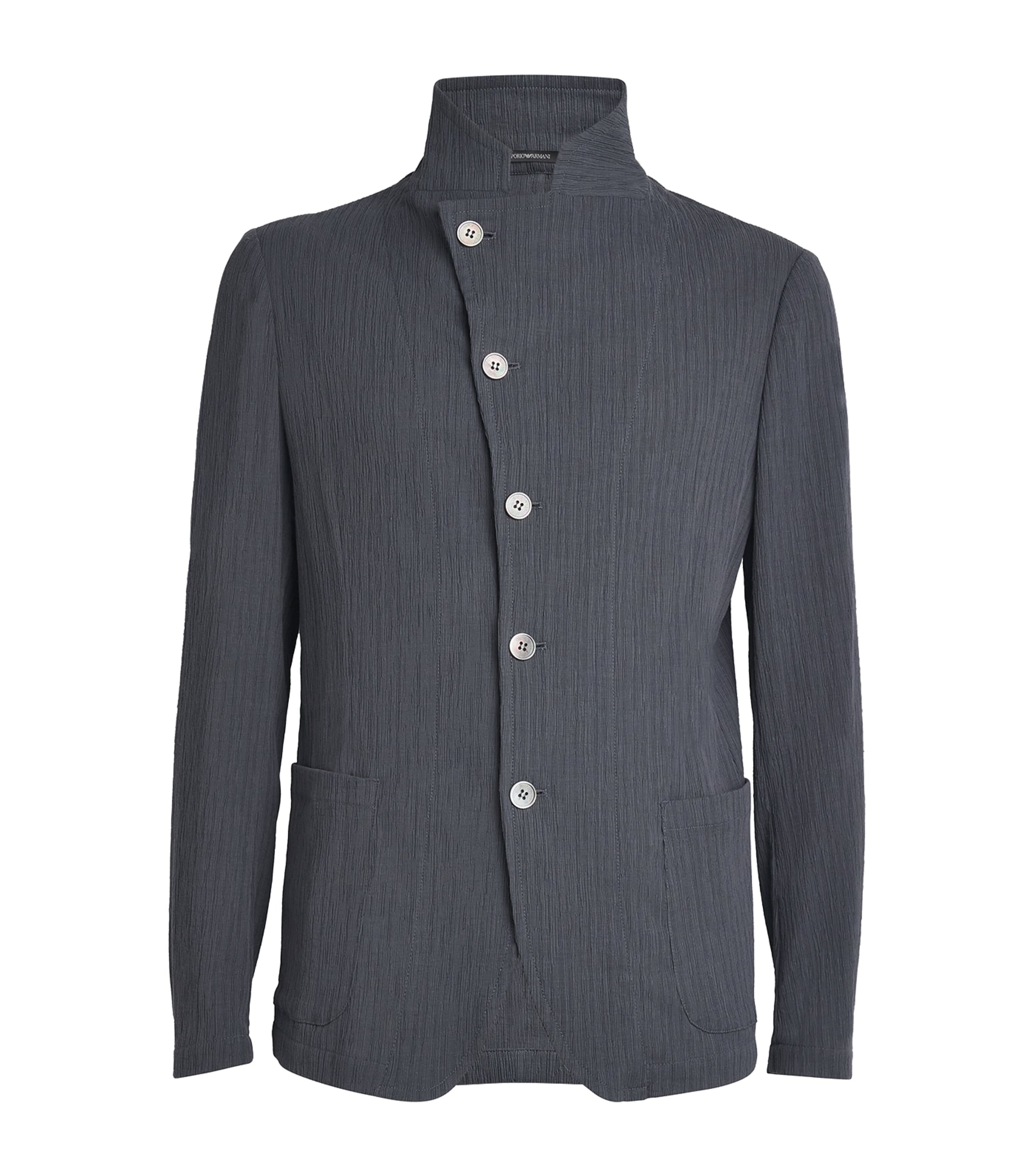 Emporio Armani Guru-collar Jacket With Off-centre Fastening In Bark-effect Armure Fabric In Gray