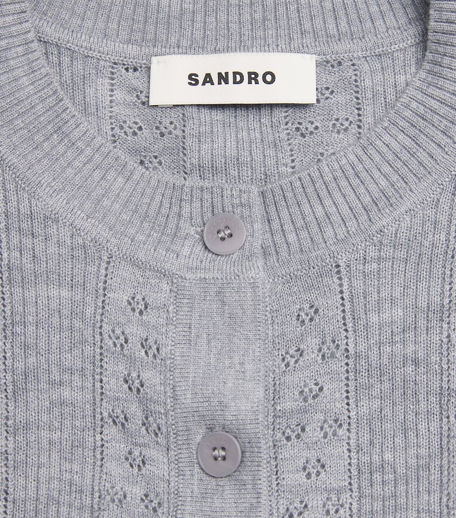 Sandro Paris Womens Wool Pointelle-Knit Cardigan Grey Image 6