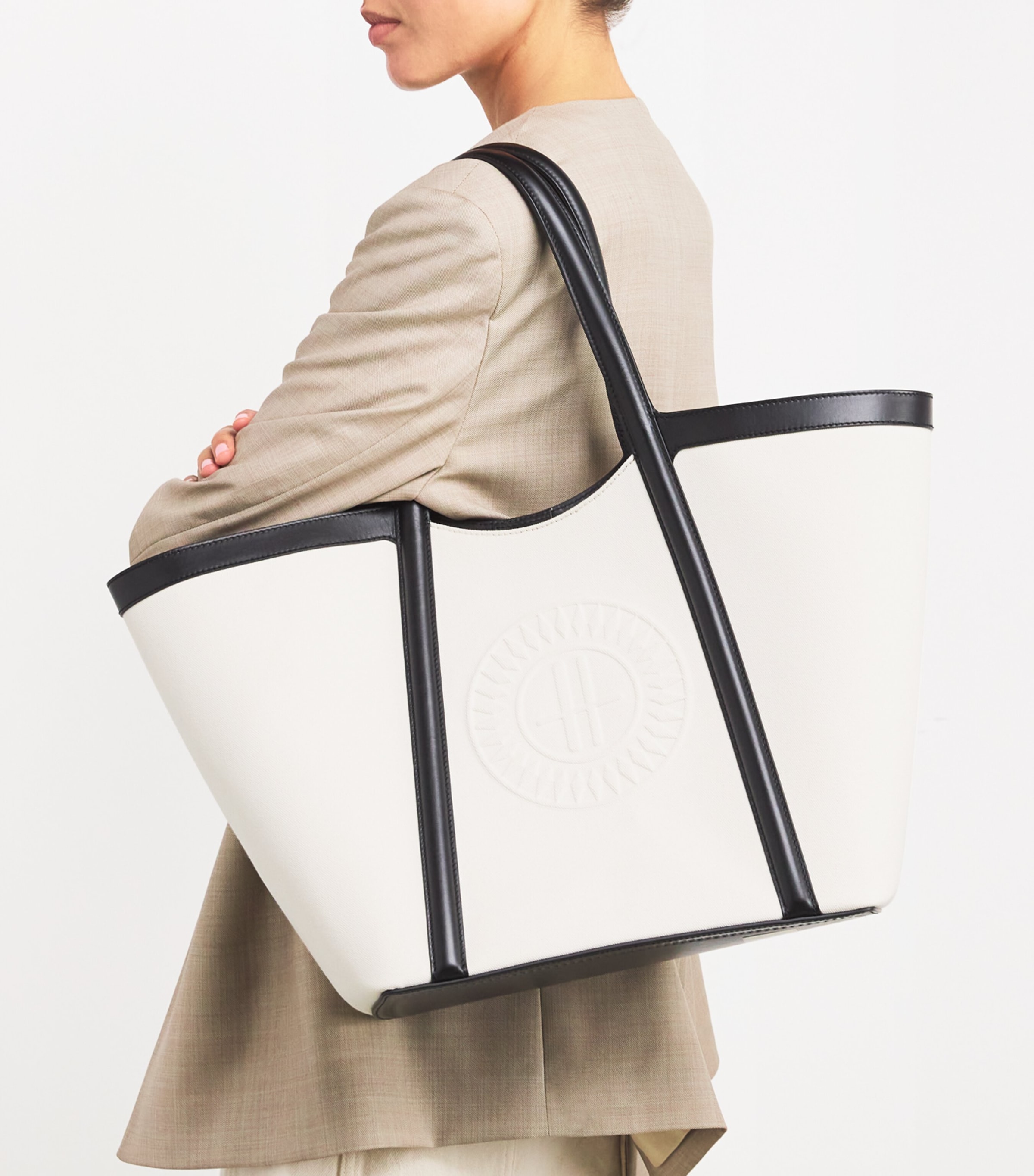 Large Canvas-Leather Embossed Tote Bag CREAM Image 5