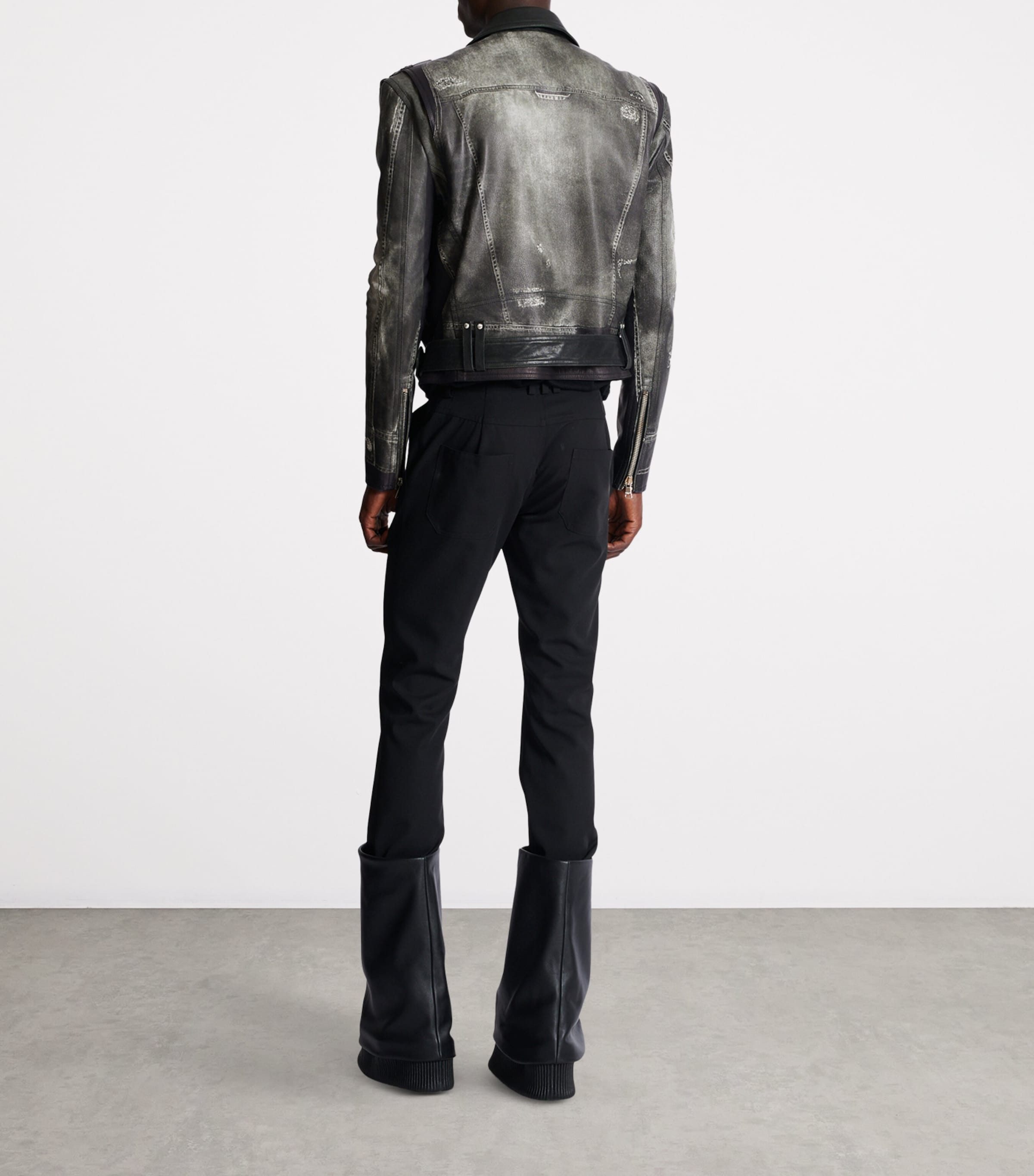 Balmain Mens Leather Denim Print Biker Jacker Yie Gris Denim/ Noir Image 3