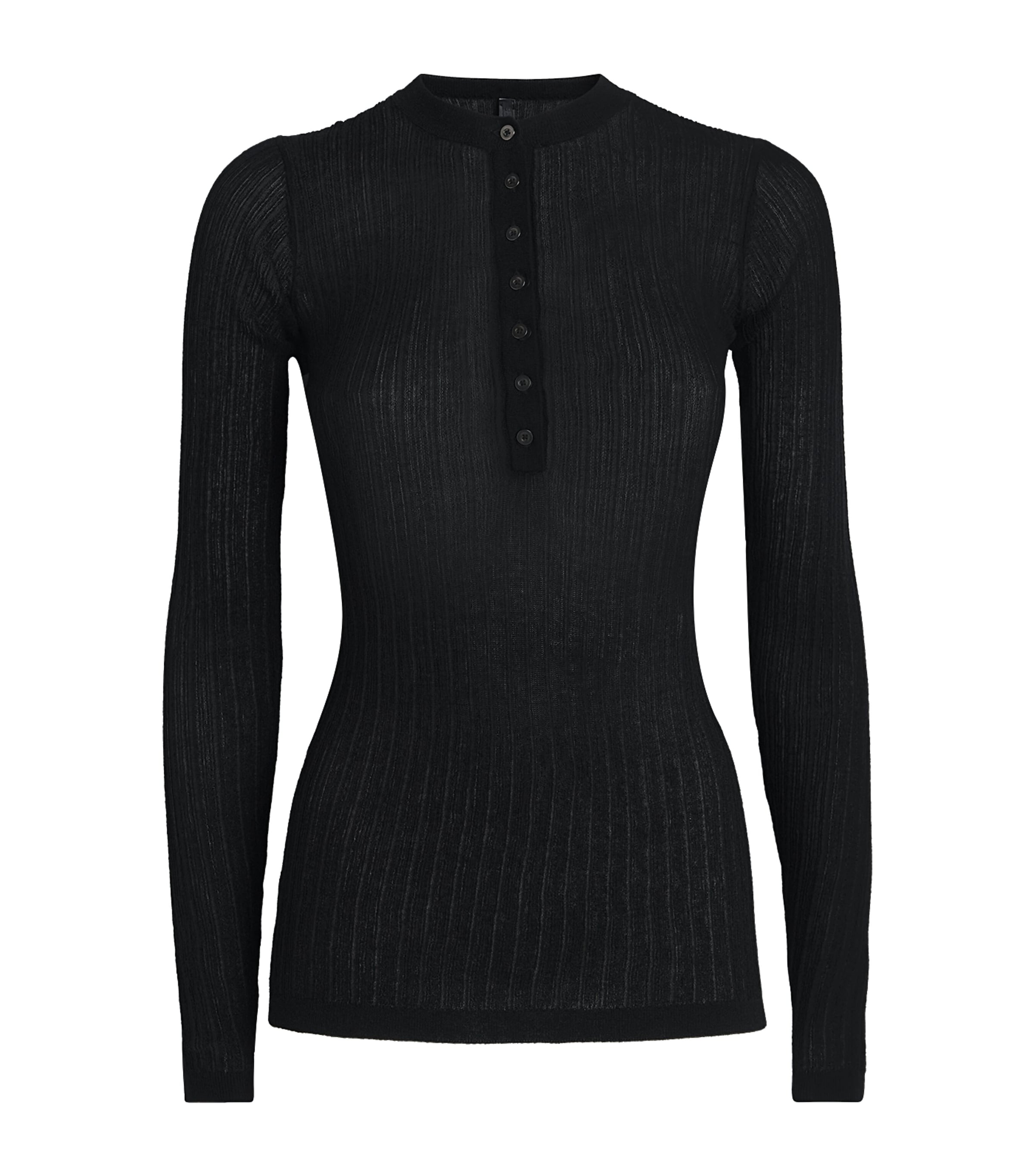 Skims Black Sheer Knit Henley Top | Harrods US