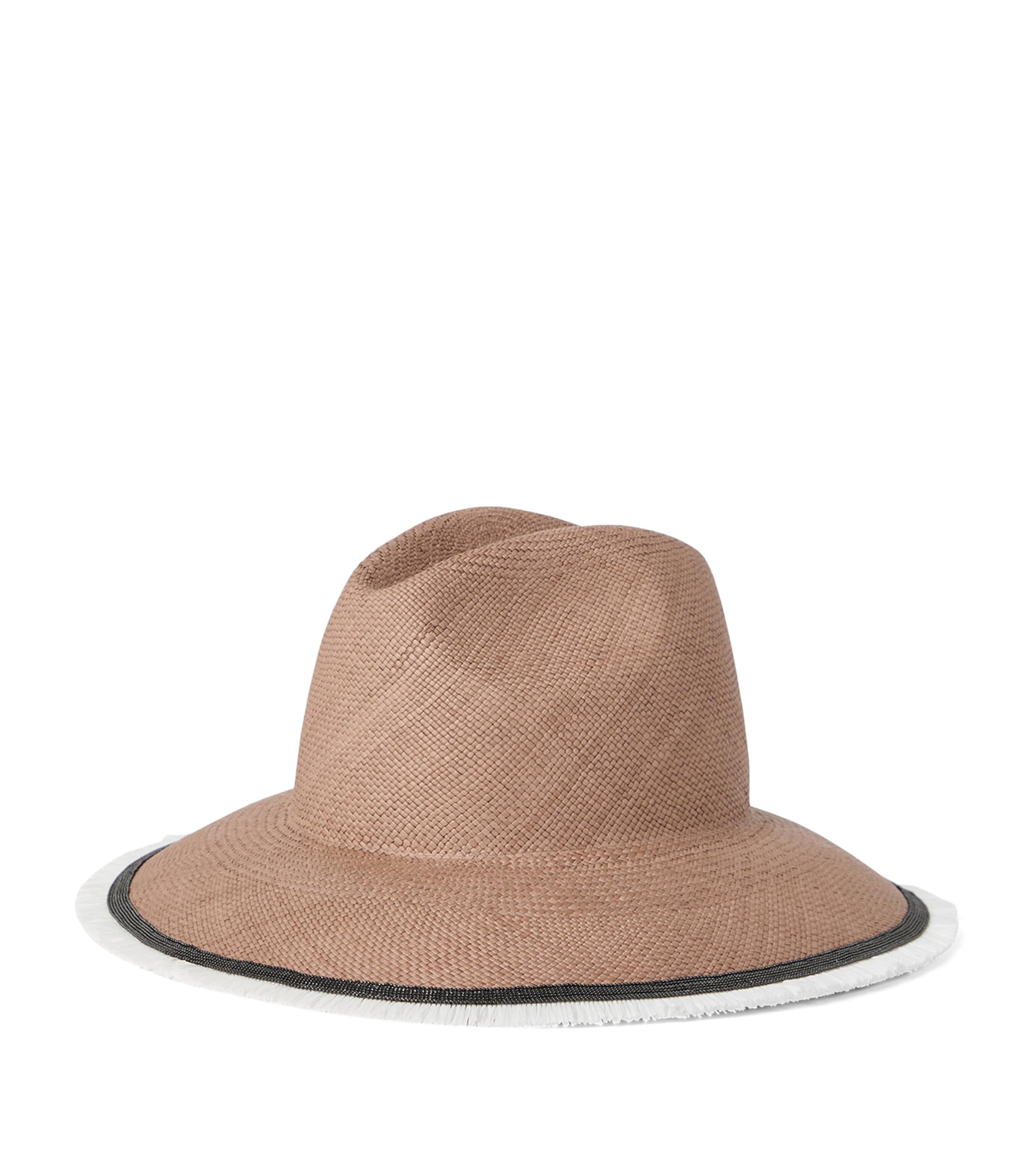 Brunello Cucinelli Straw Embellished Fedora Hat In Brown