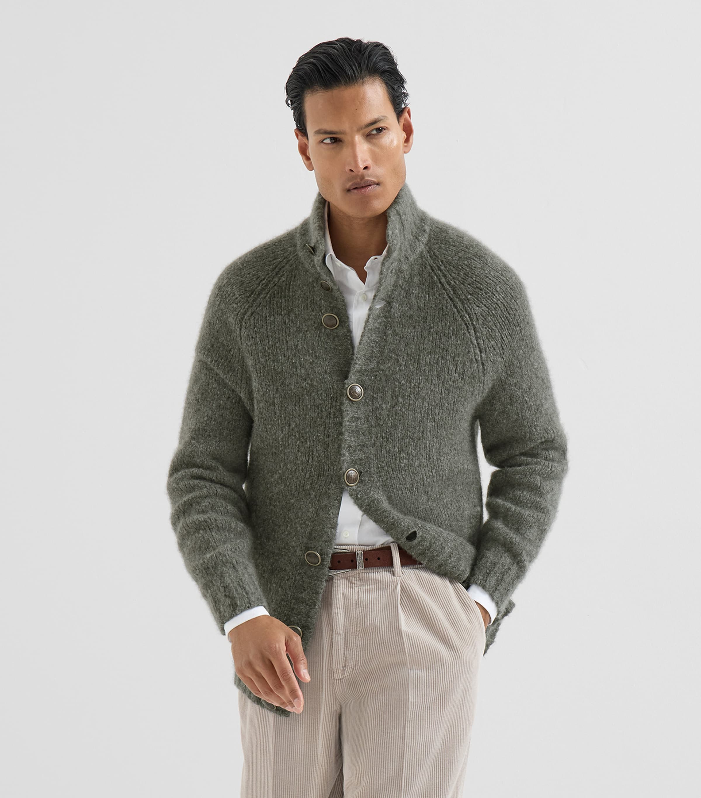 Brunello Cucinelli Mens Cashmere-Silk High-Neck Cardigan Mimetico Image 4