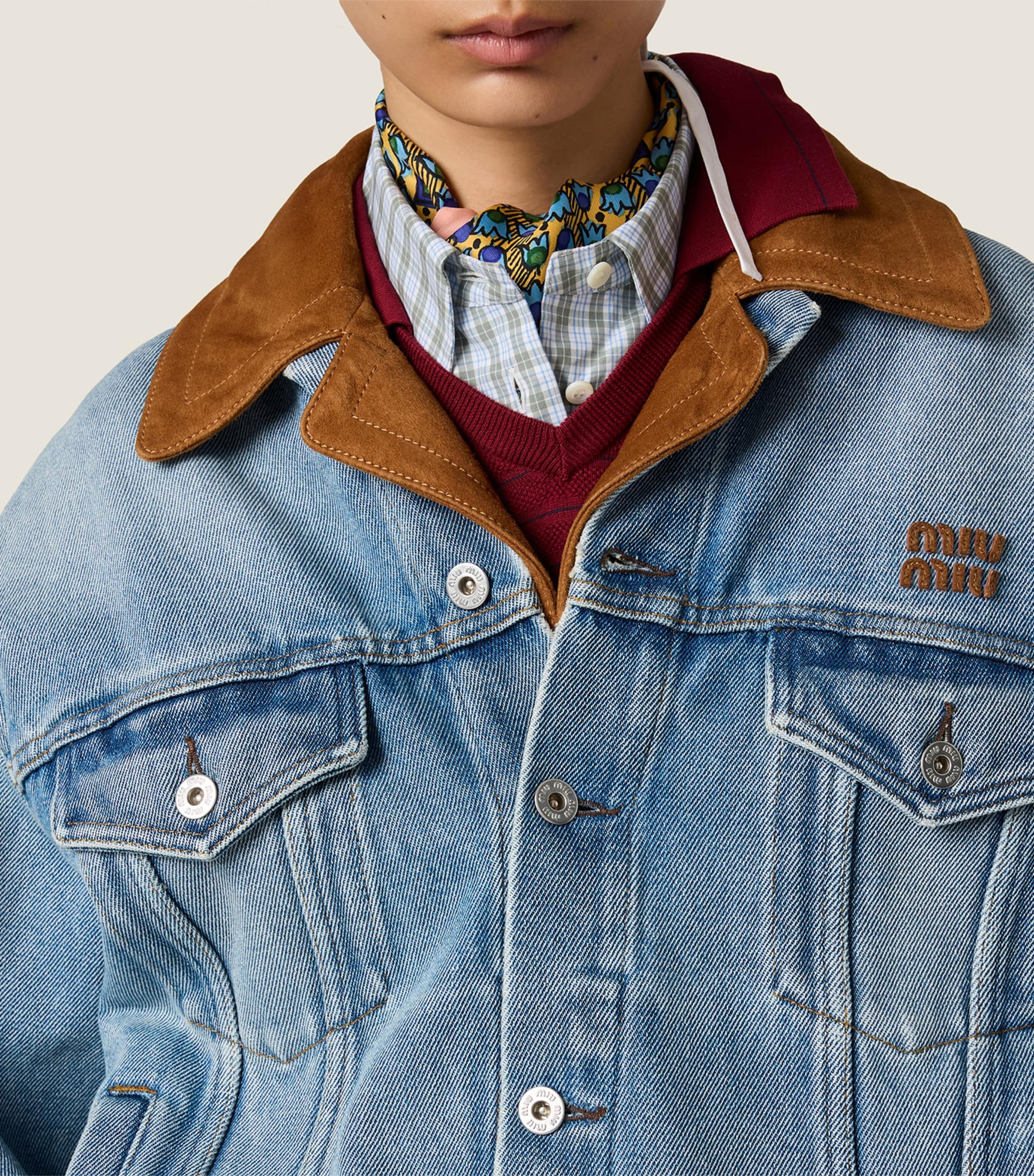 Miu Miu Womens Denim and Suede Jacket Light Blue Image 4