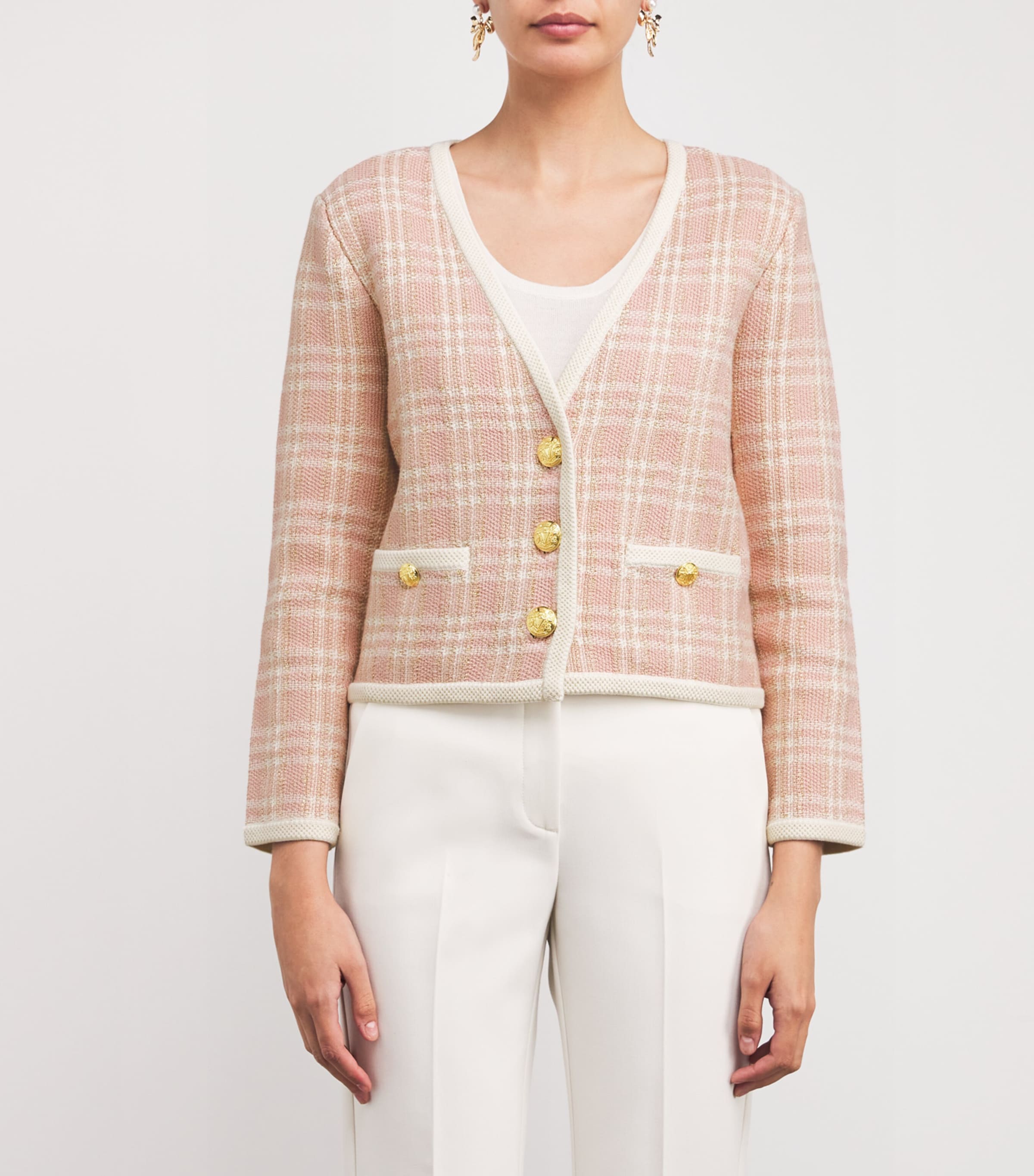 Veronica Beard Womens Check Claudine Cardigan Off Wt/pnk Cly Image 3