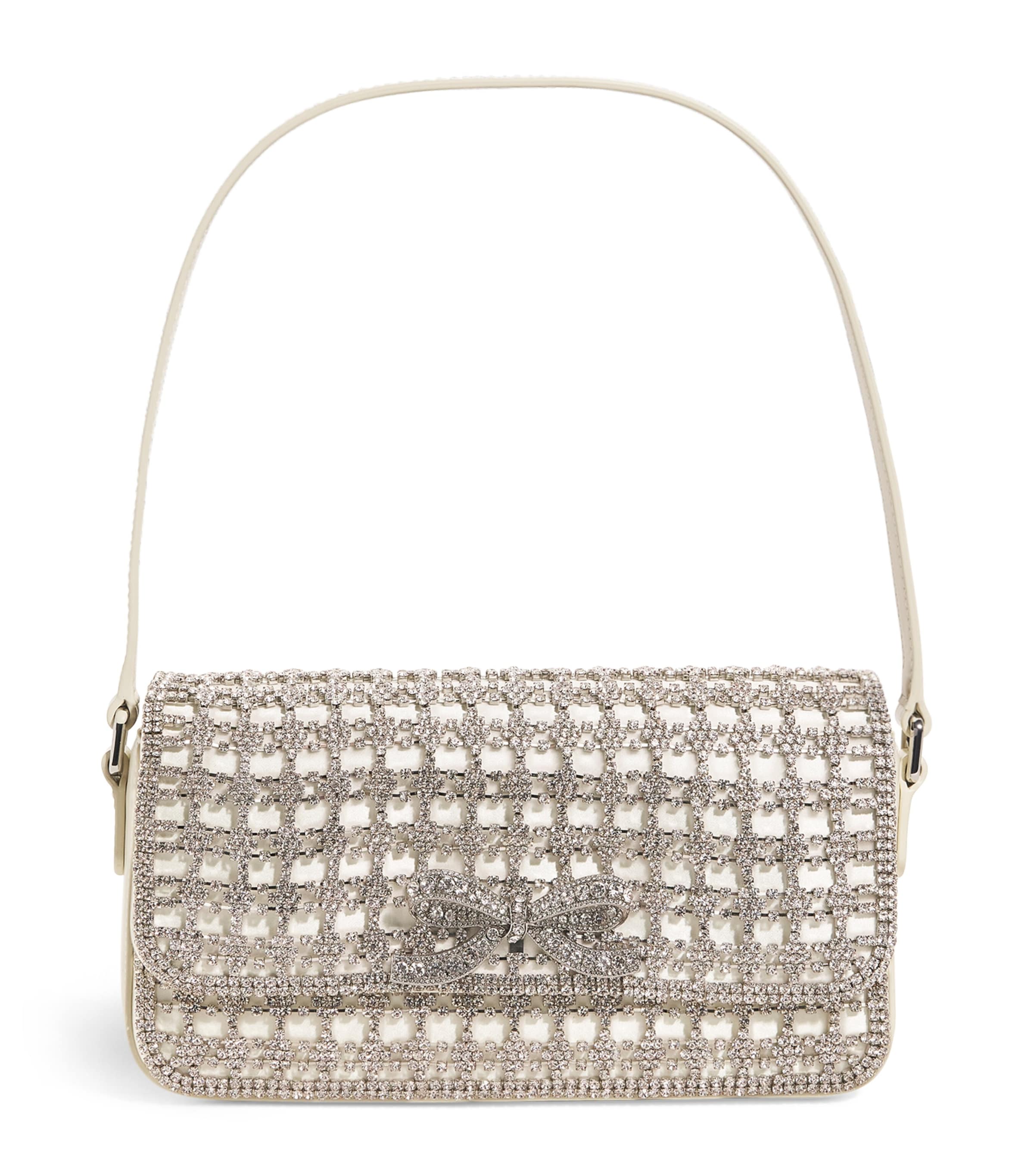 Shop Self-portrait Crystal Baguette Shoulder Bag In Ivory