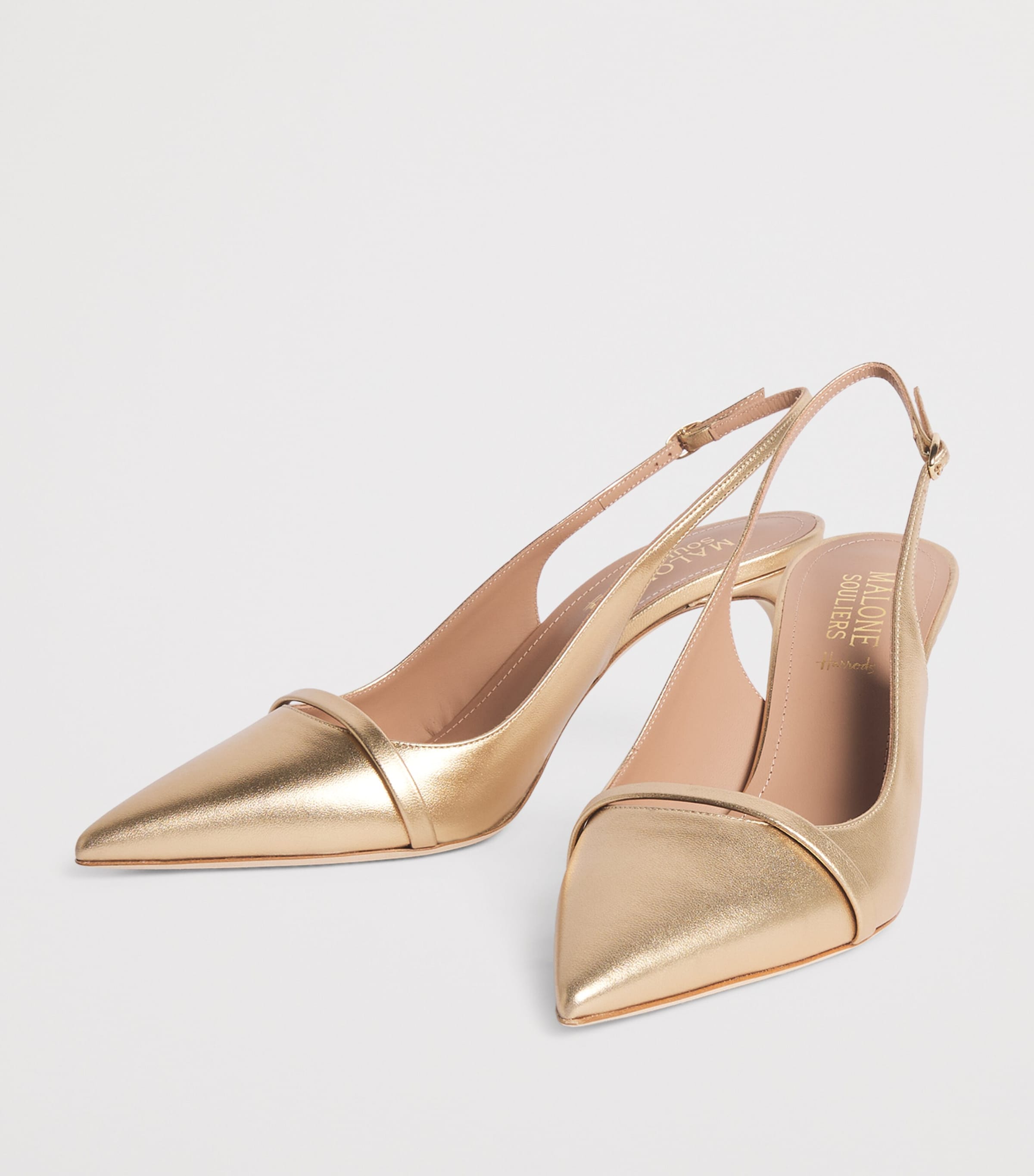 Malone Souliers x Harrods Metallic Leather Schiffer Slingback Pumps 70 Antique Gold Image 3