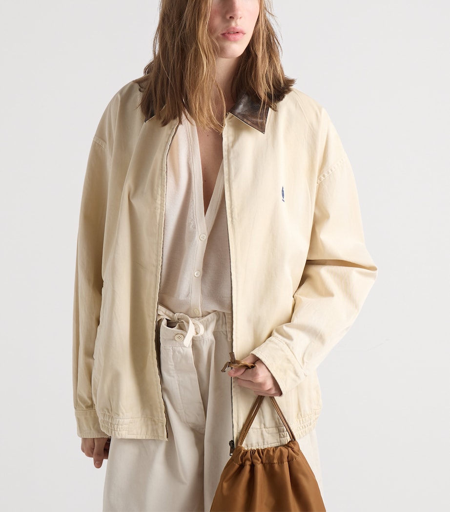 Prada Womens Leather-Trim Canvas Bomber Jacket Neutral Image 3