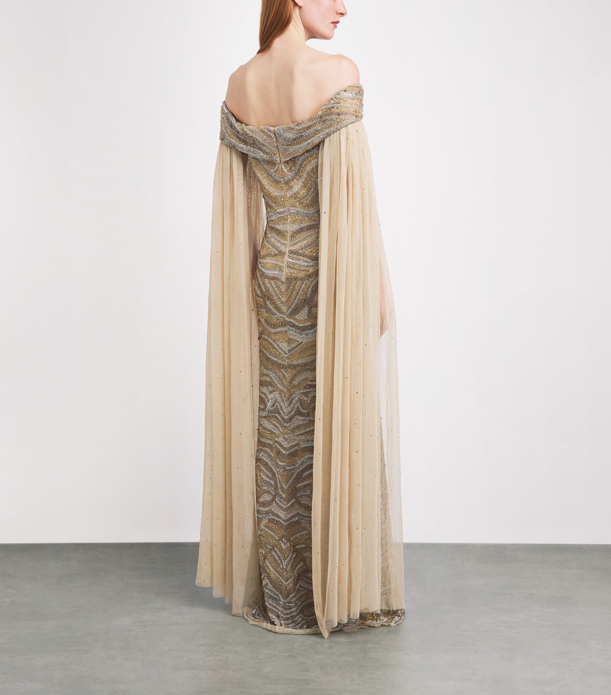 Raishma Womens Tulle Embellished Cape Gown Gold Image 4