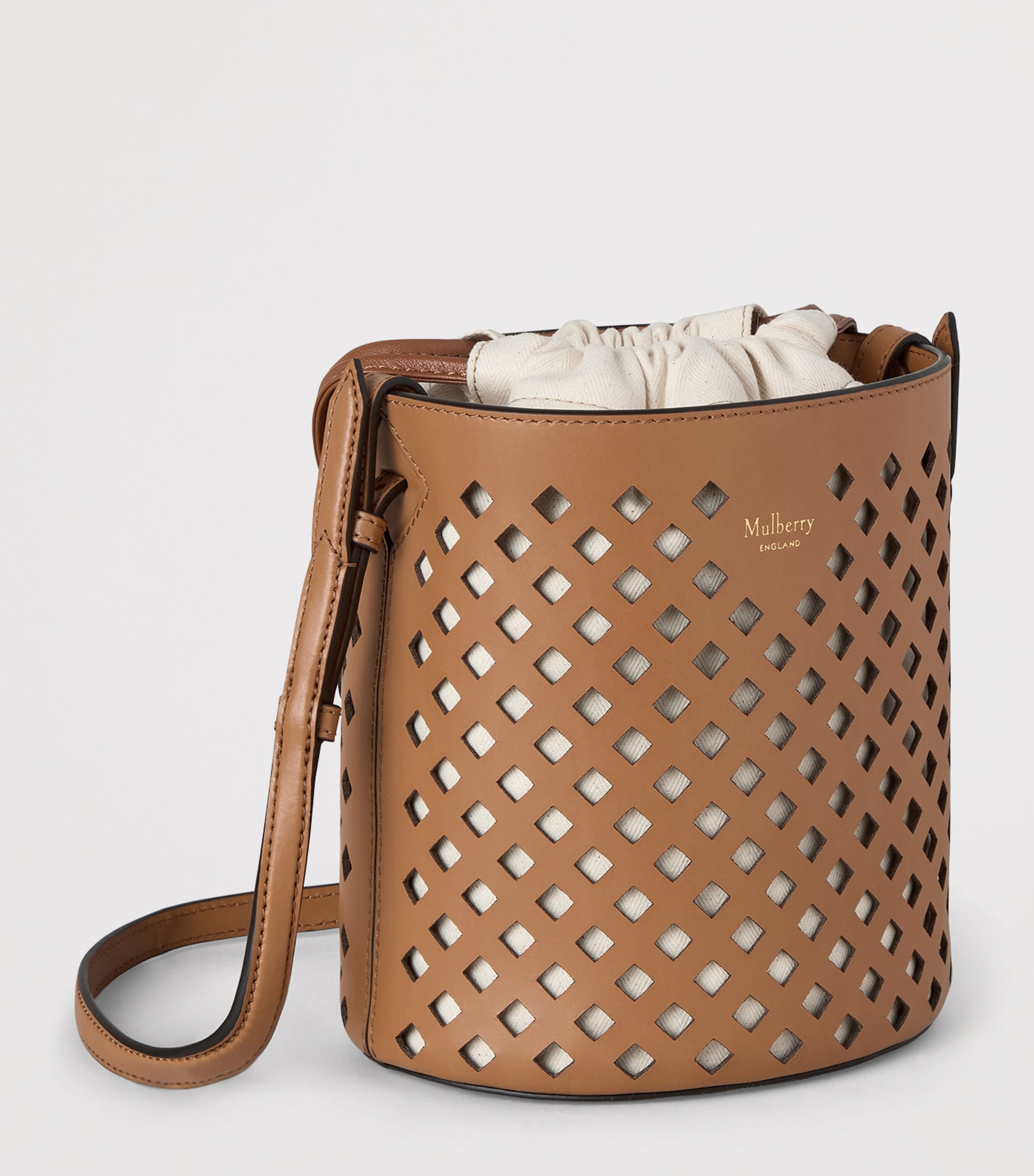 Leather Perforated Bucket Bag TOFFEE Image 3