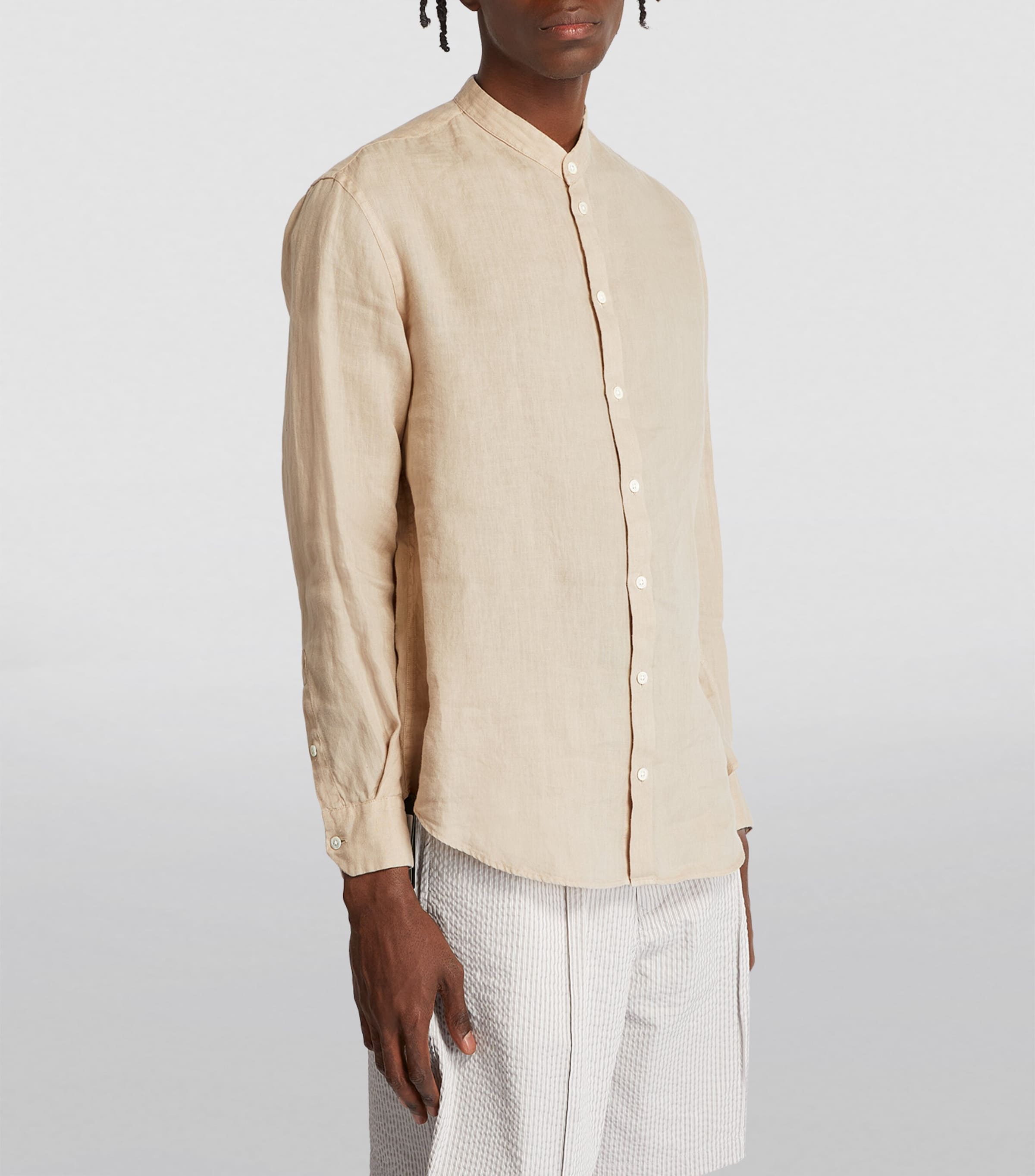 トップス GIORGIO ARMANI PIPING BAND COLLAR SHIRT Giorgio Armani Men's Striped Band-Collar Sport Shirt