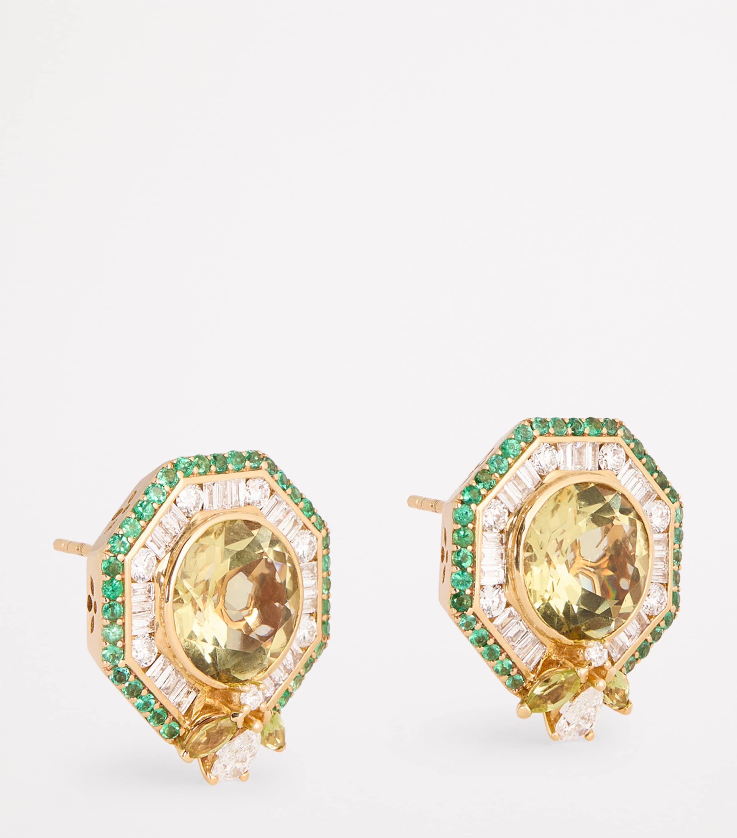 Yellow Gold, Diamond, Emerald and Peridot Honeycomb Bee Earrings ROSE GOLD Image 3