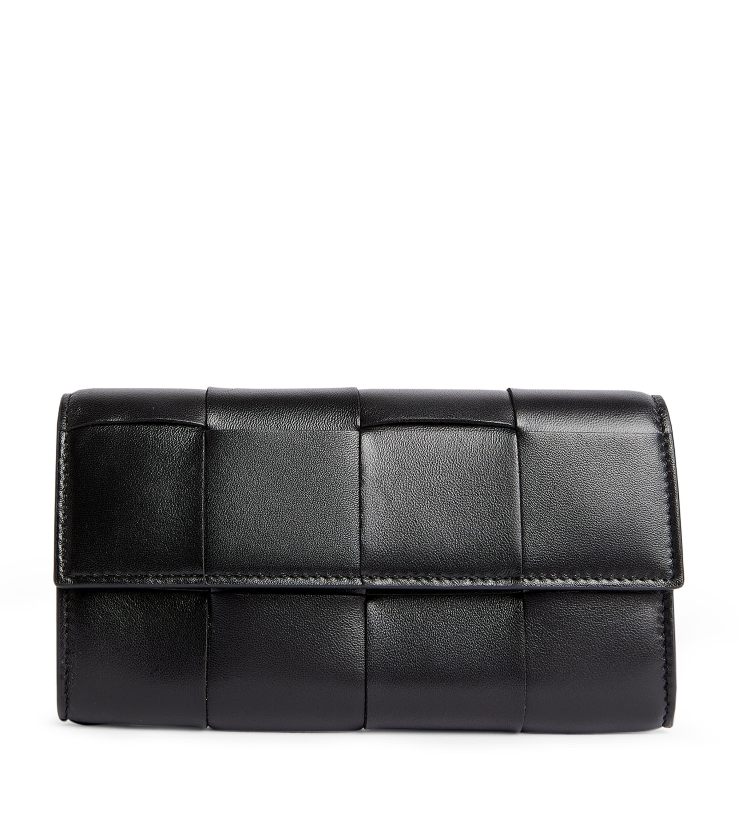 Bottega Veneta Leather Intreccio Flap Wallet In Black