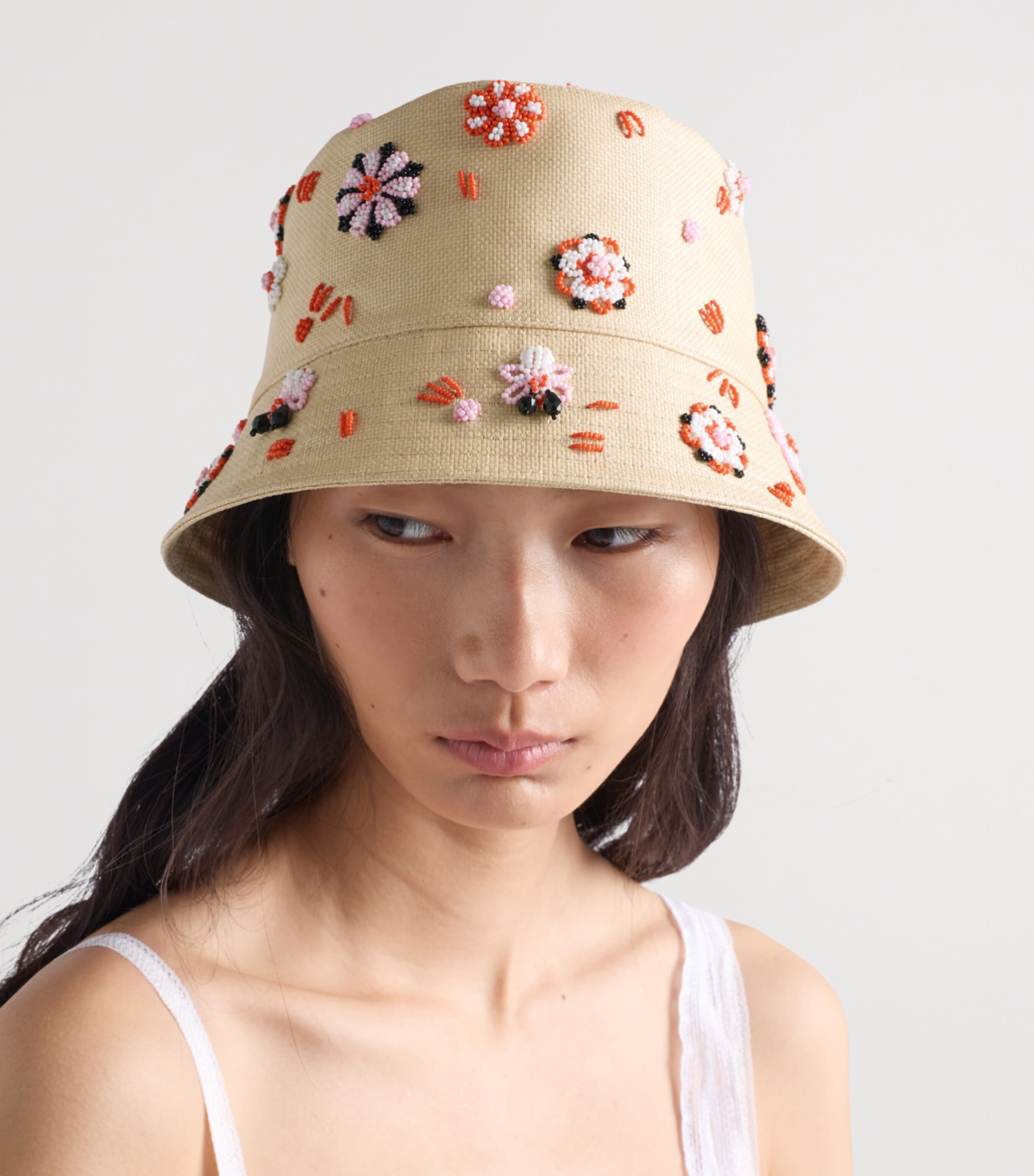 Prada Floral Beaded Bucket Hat Neutral Image 2