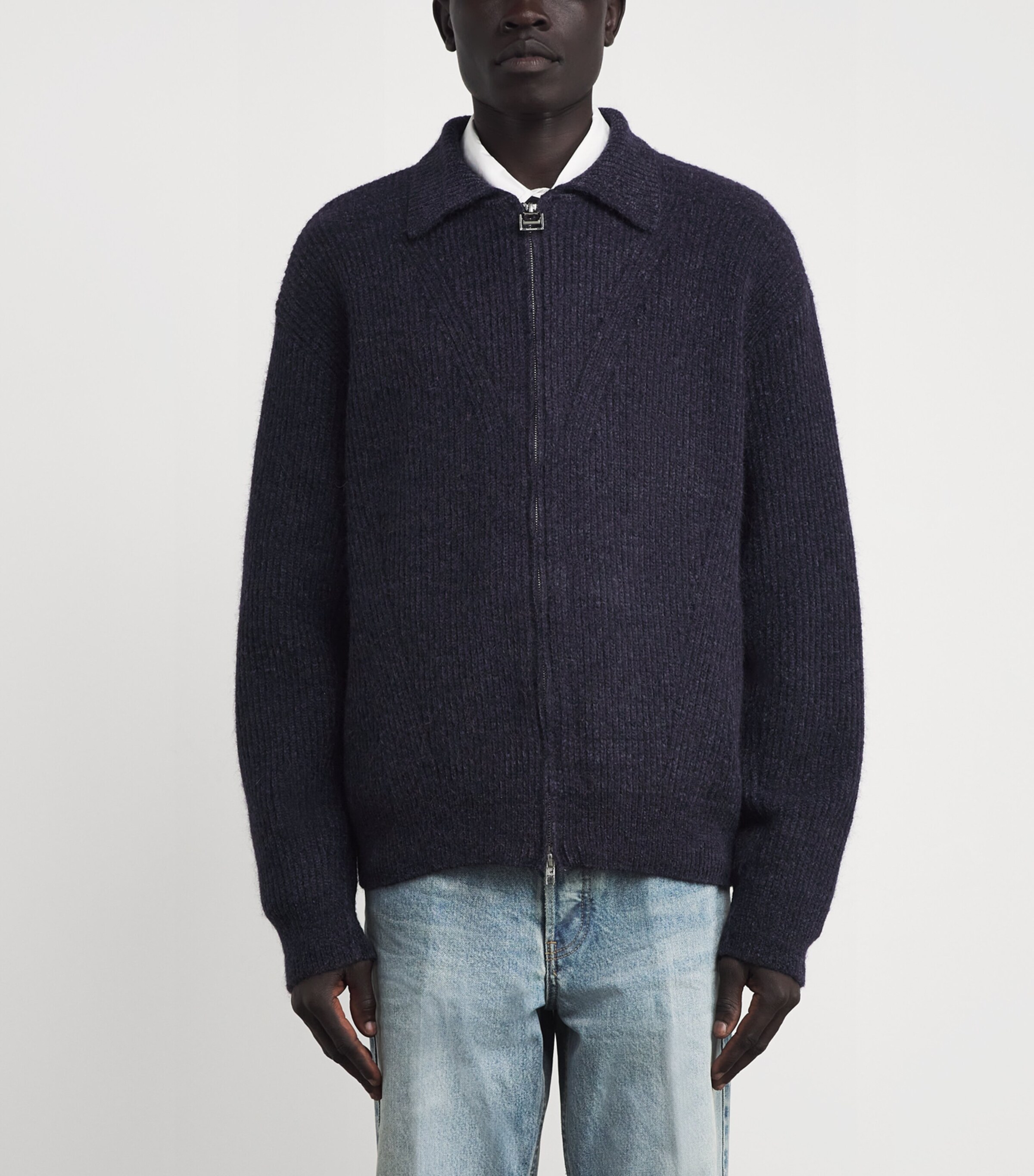 Rib-Knit Zip-Up Cardigan NAVY Image 3