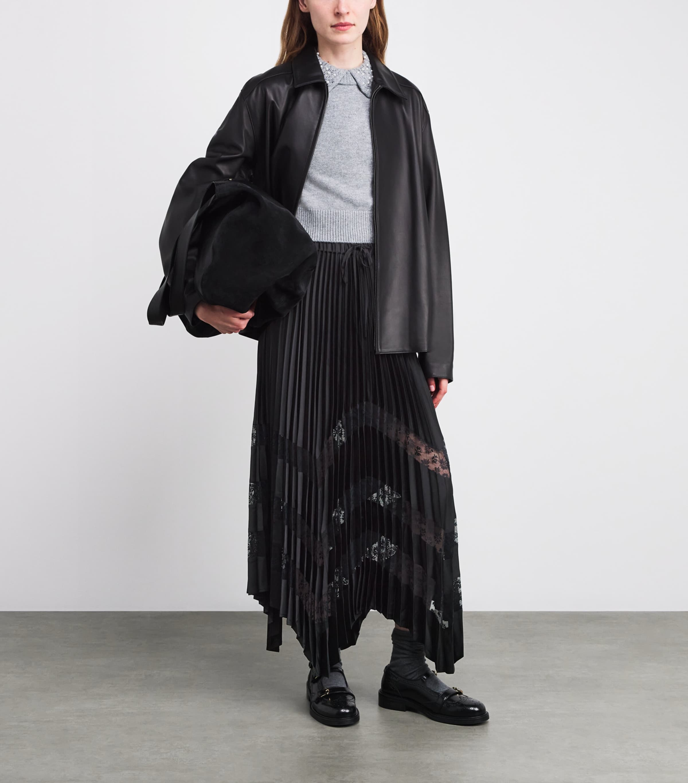 Lace-Trim Pleated Maxi Skirt BLACK Image 2