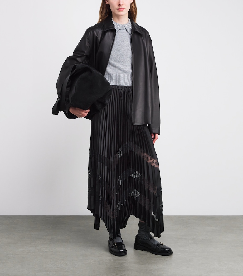 Lace-Trim Pleated Maxi Skirt BLACK Image 2