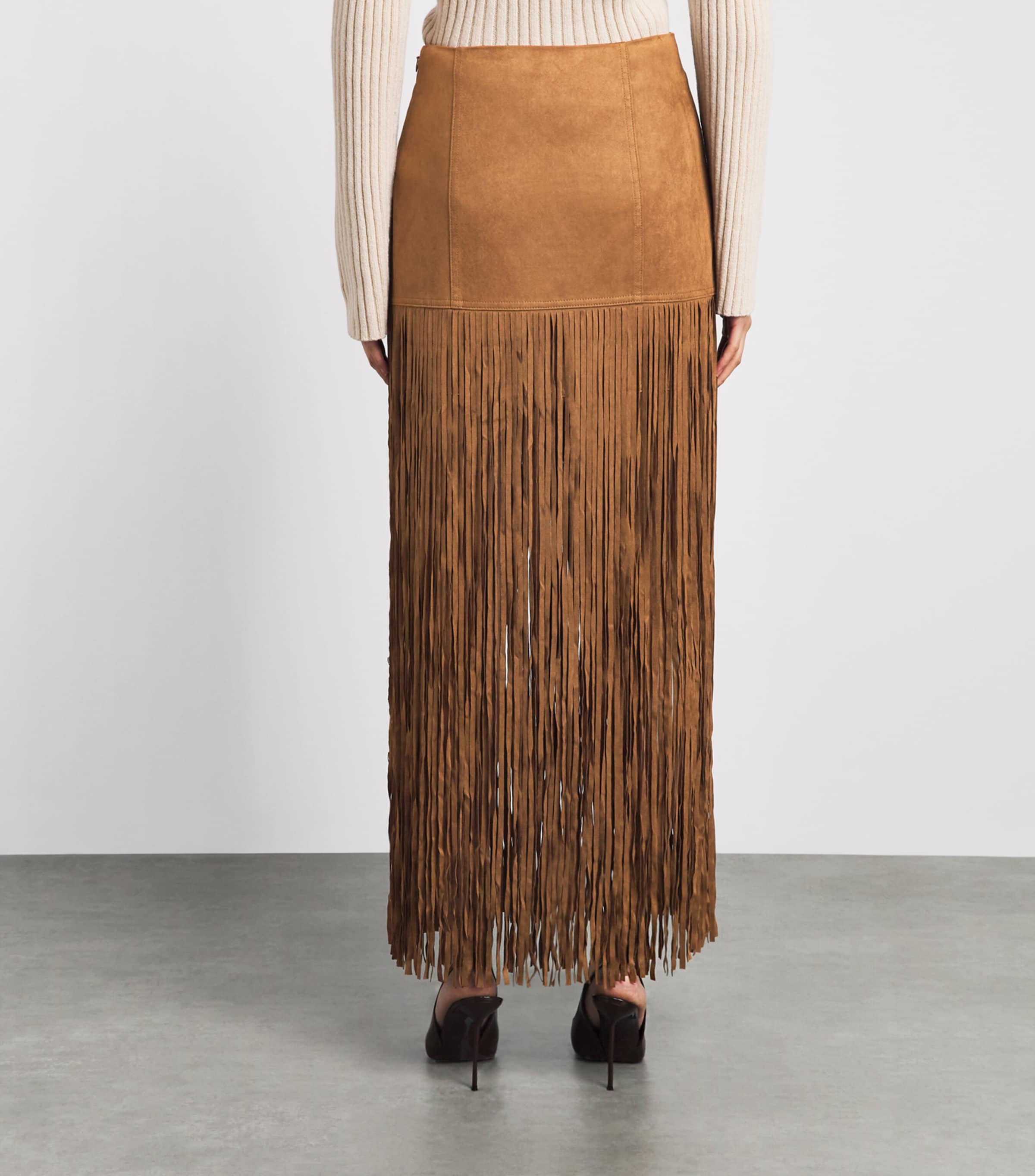 Toccin Womens Faux Leather Fringe Soren Midi Skirt Cedar Image 5