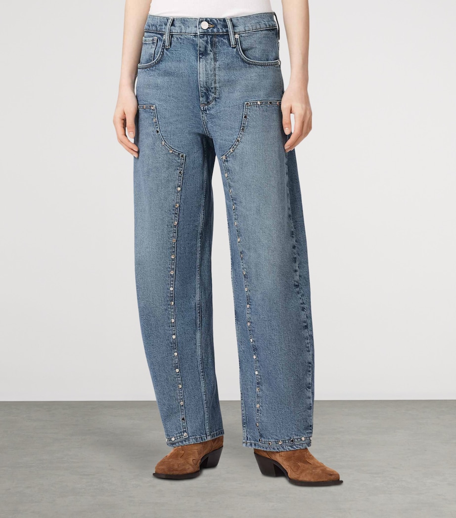 AllSaints Womens Sadie Studded Barrel-Leg Jeans Light Indigo Image 3