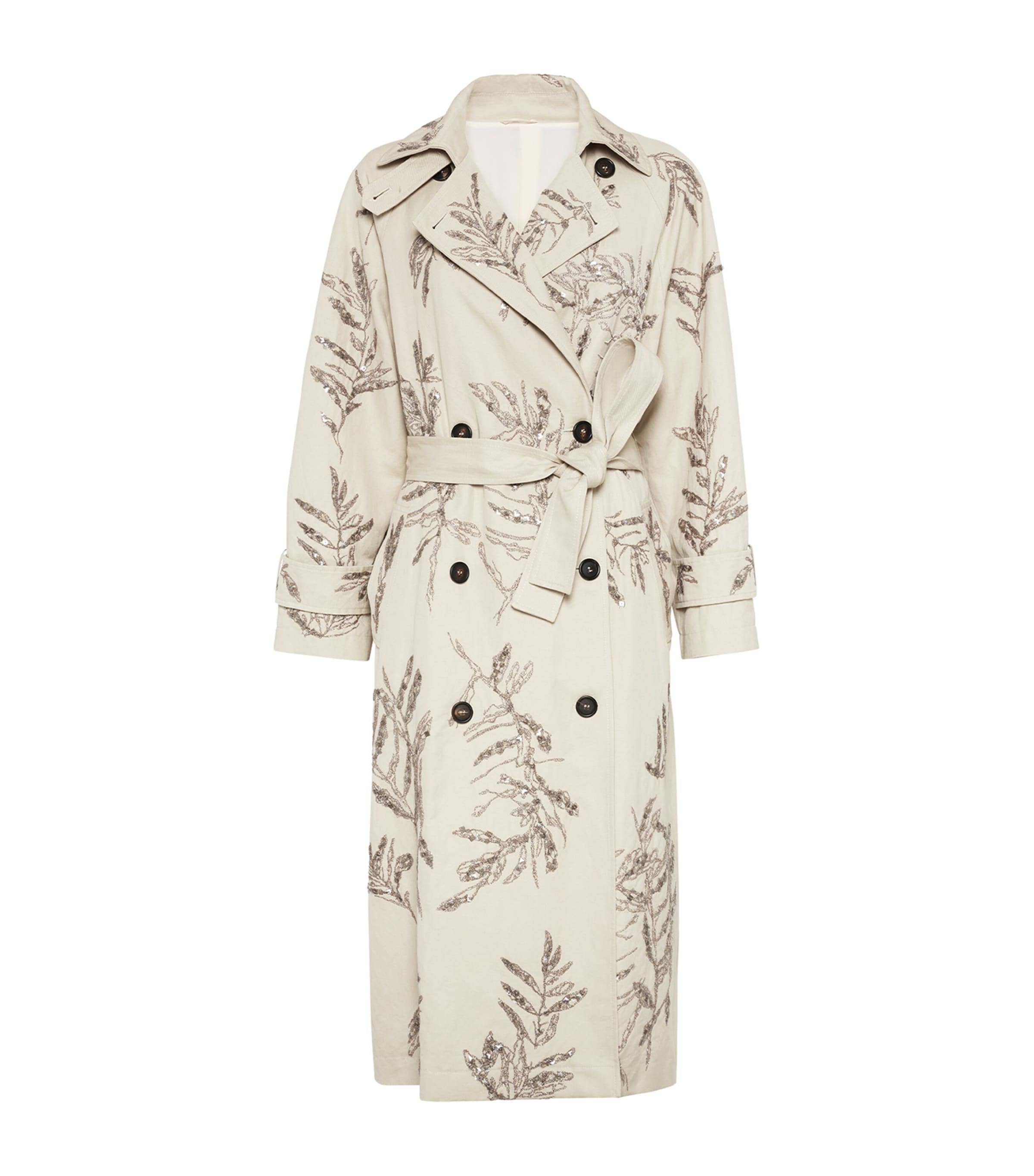 Brunello Cucinelli Cotton-linen Floral Trench Coat In Beige