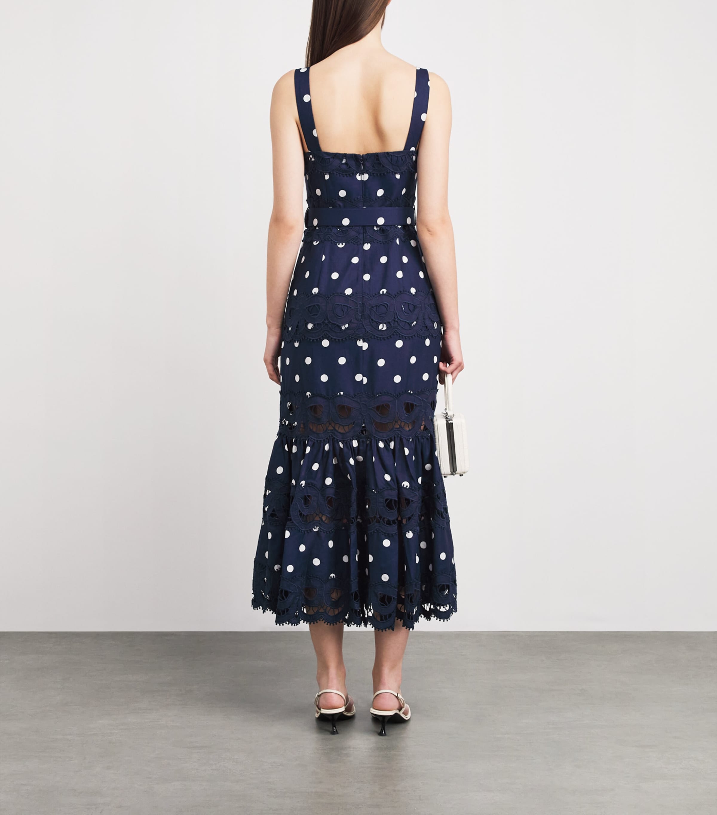 Self-Portrait Womens Linen-Cotton Polka Dot Midi Dress Navy Image 4