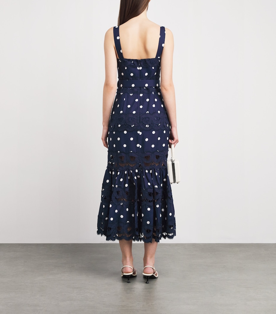 Self-Portrait Womens Linen-Cotton Polka Dot Midi Dress Navy Image 4