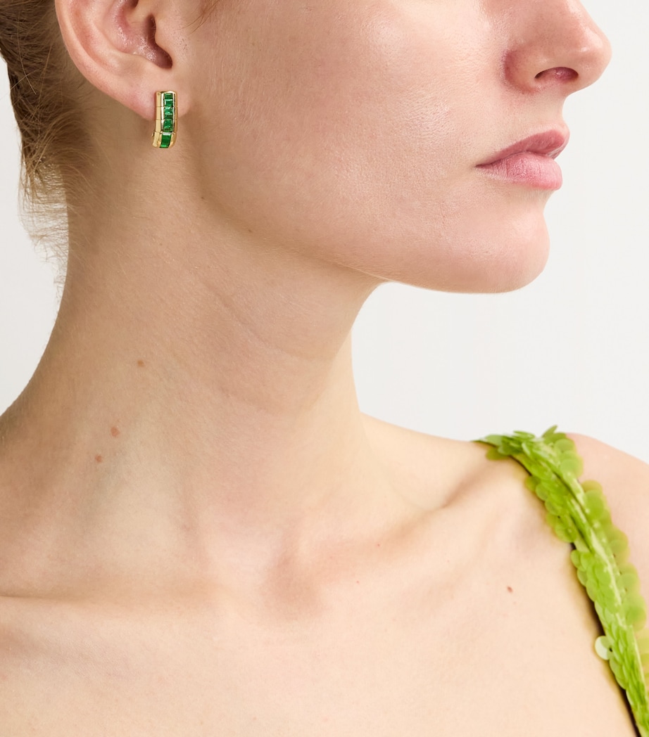 Yellow Gold and Emerald Huggie Earrings YELLOW GOLD Image 2