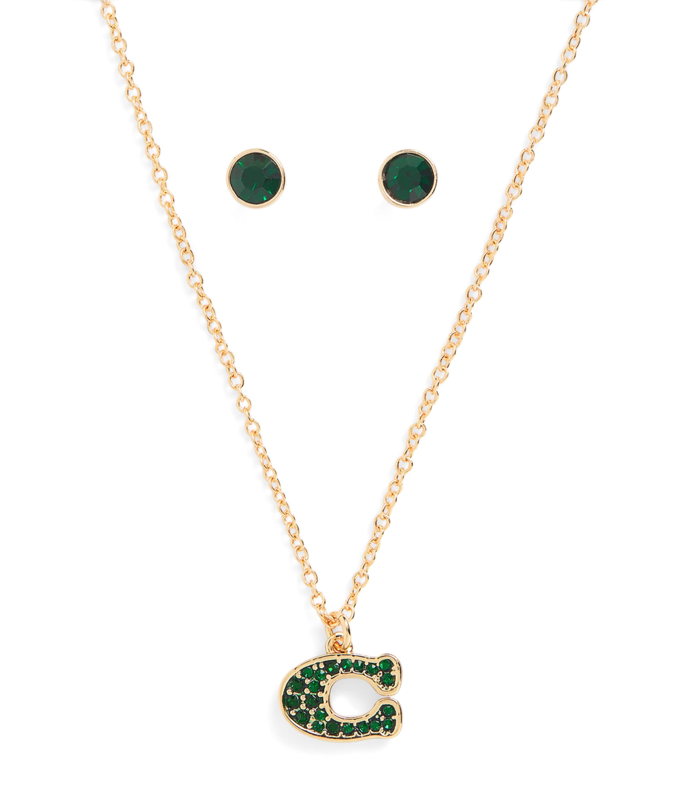 Coach Embellished Monogram Necklace And Earrings Set In Green