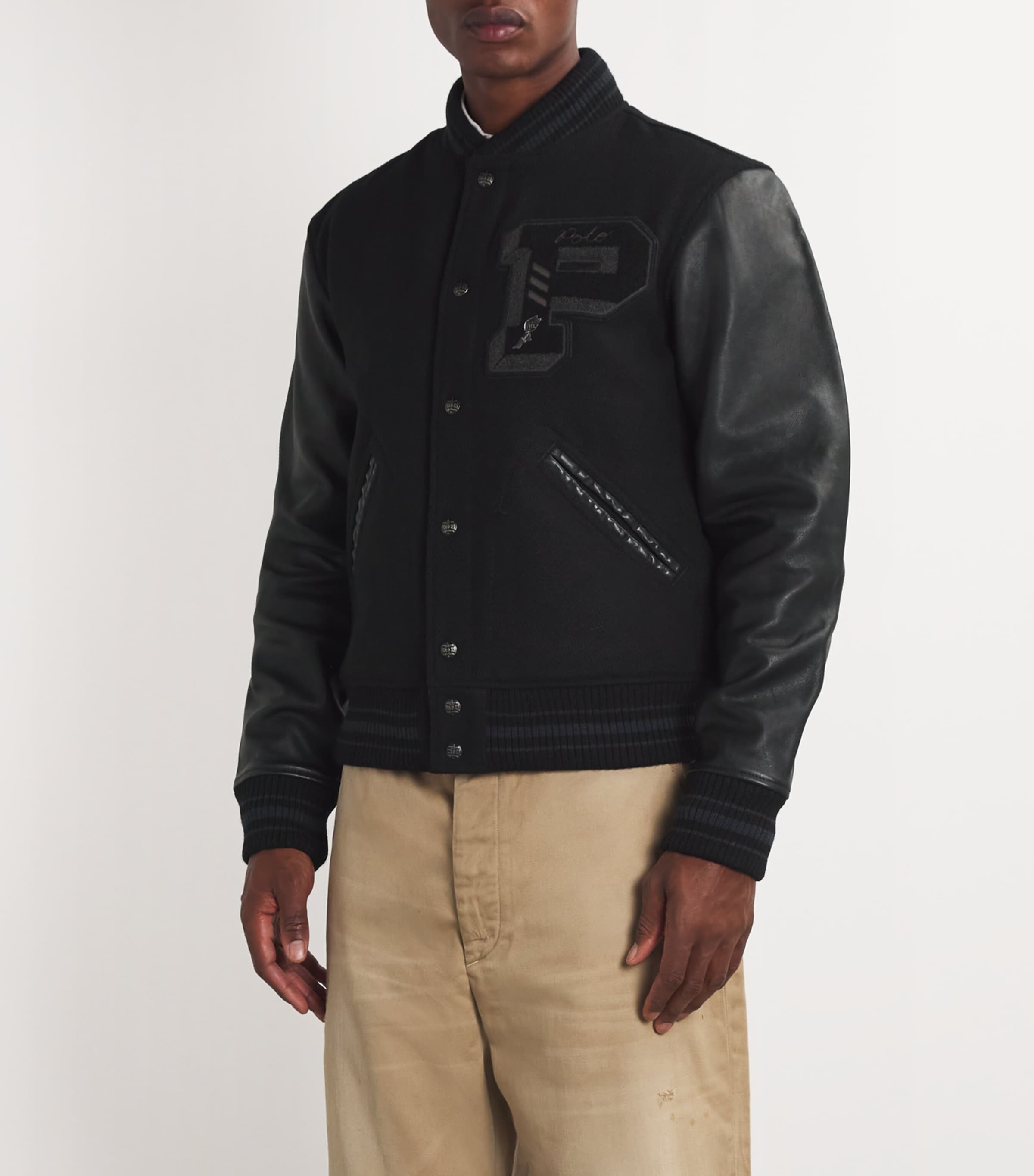 Polo Ralph Lauren Mens Wool-Blend Appliqué Bomber Jacket Black Image 3