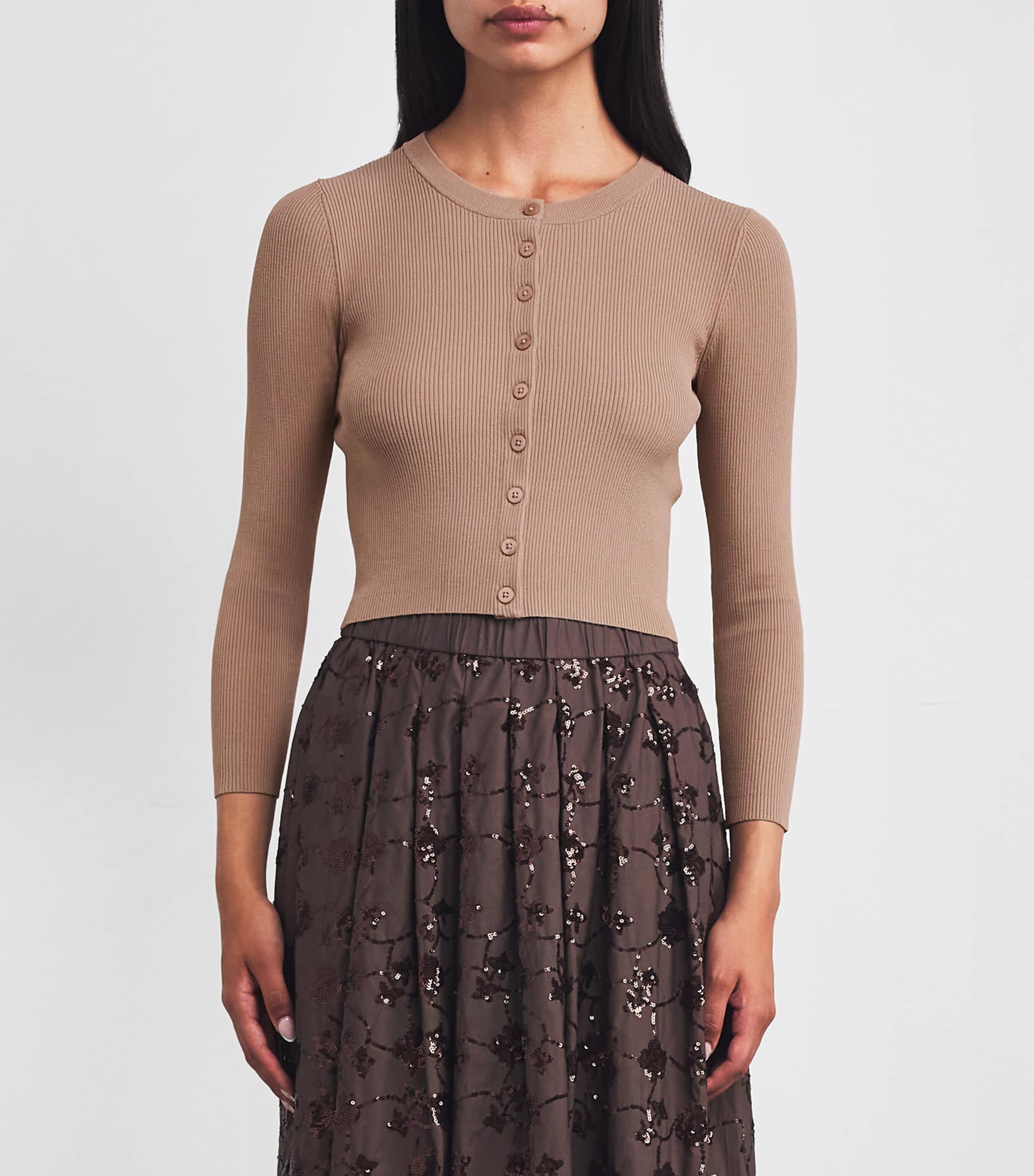 Rib-Knit Cropped Cardigan MARRON GLACE' Image 3