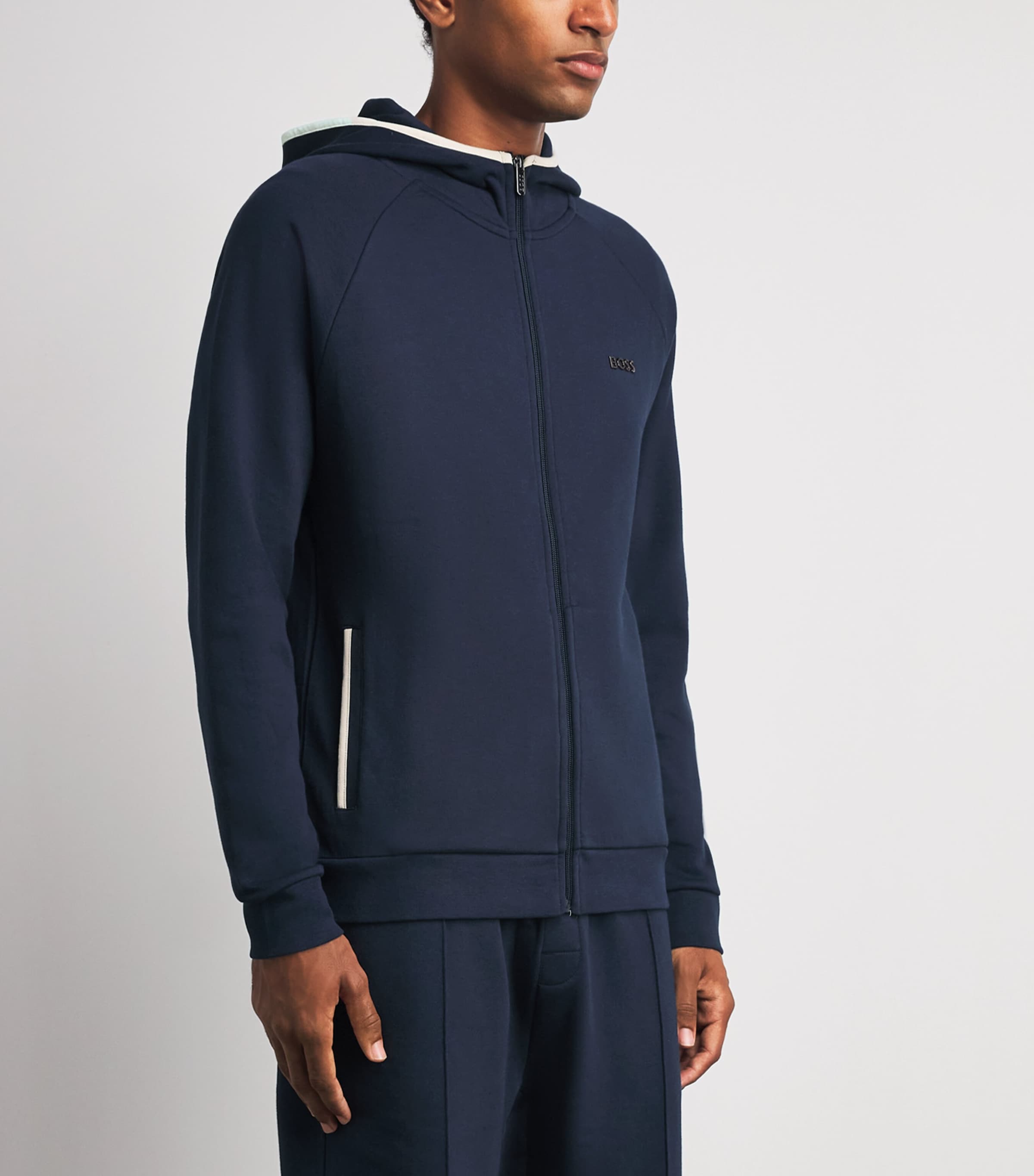 BOSS Mens Contrast-Trim Sense Zip-Up Hoodie Dark Blue Image 4