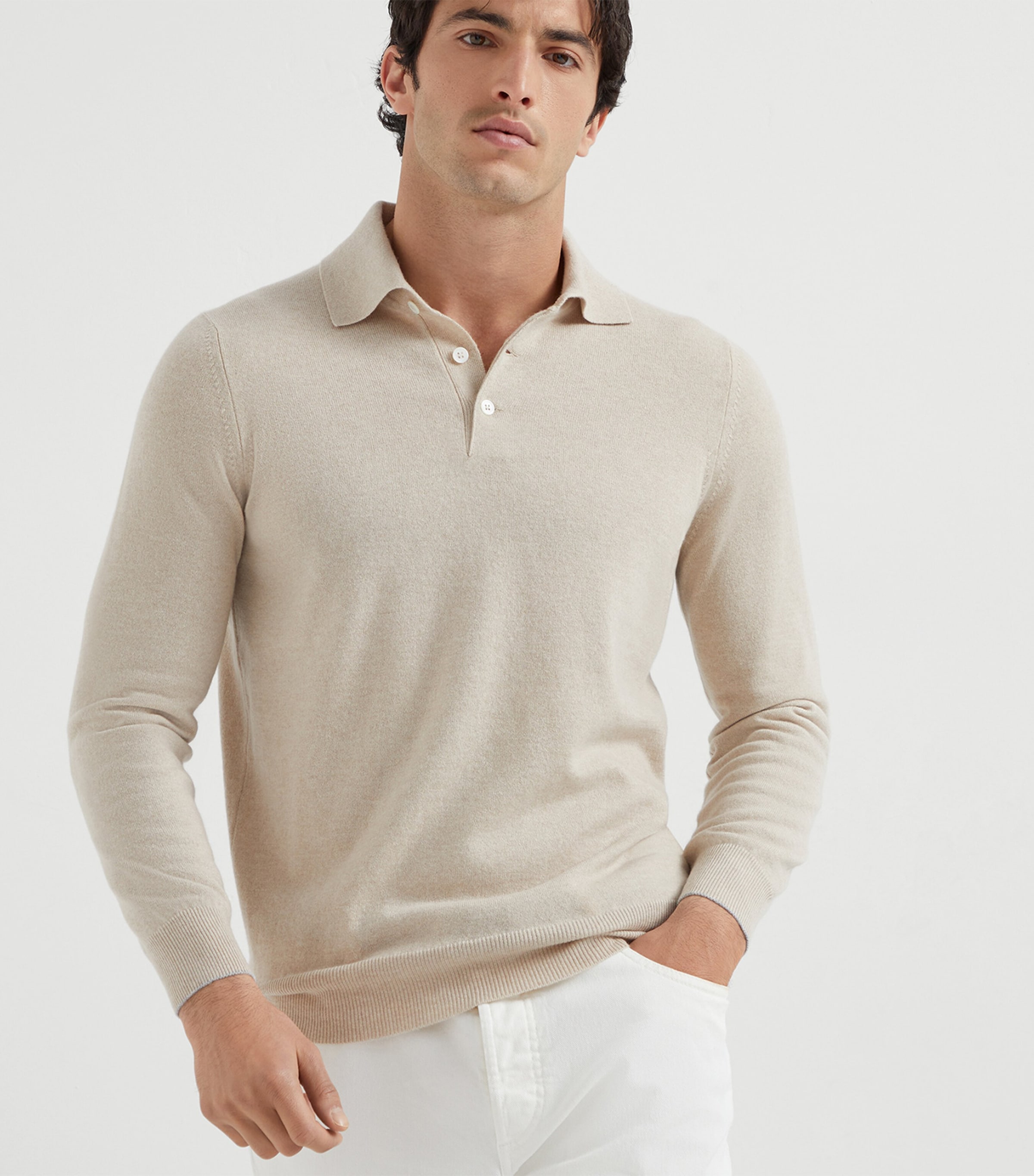 Brunello Cucinelli Beige Cashmere Long-Sleeve Polo Sweater