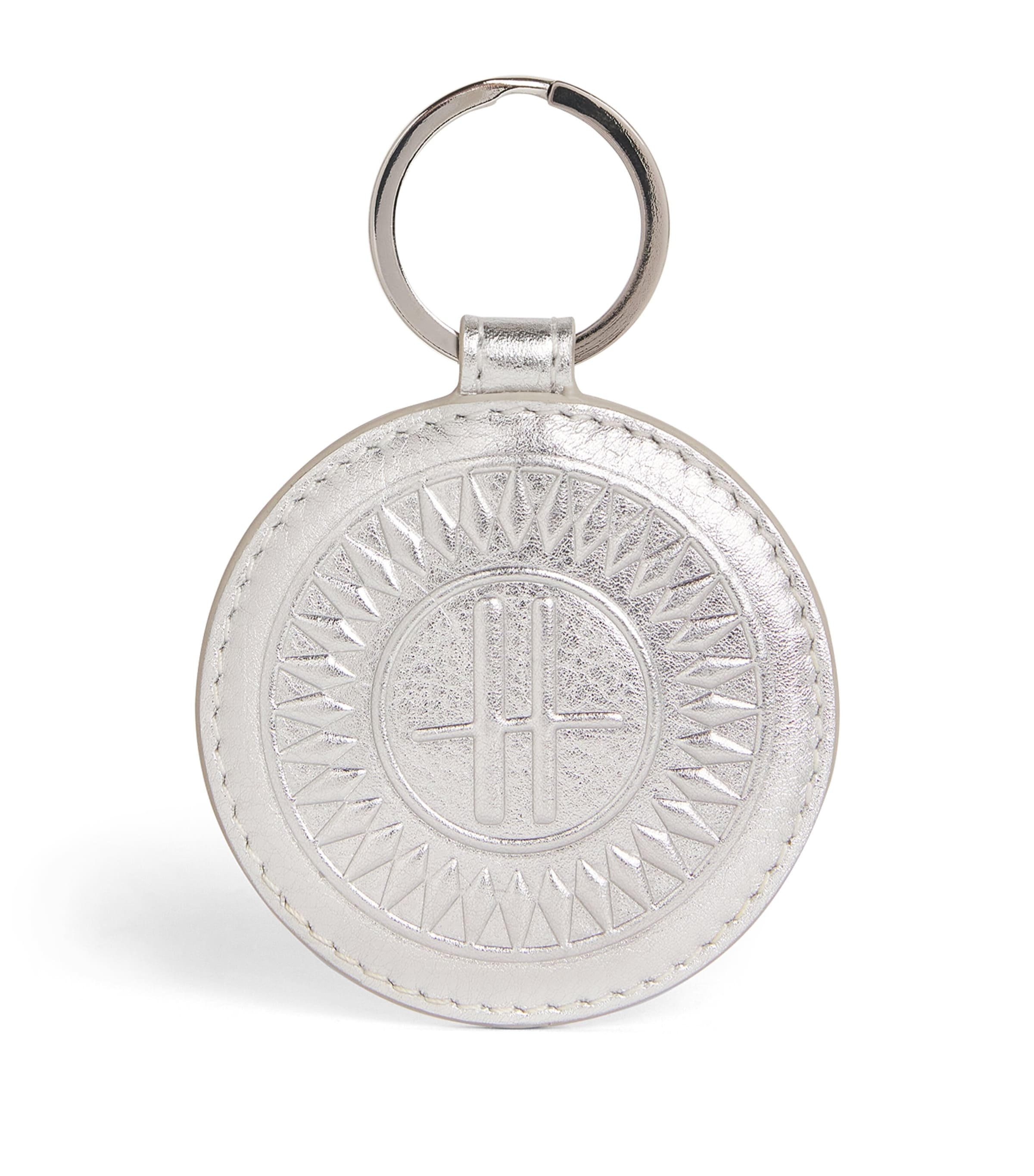 Harrods Leather Metallic Circle Keyring In Silver